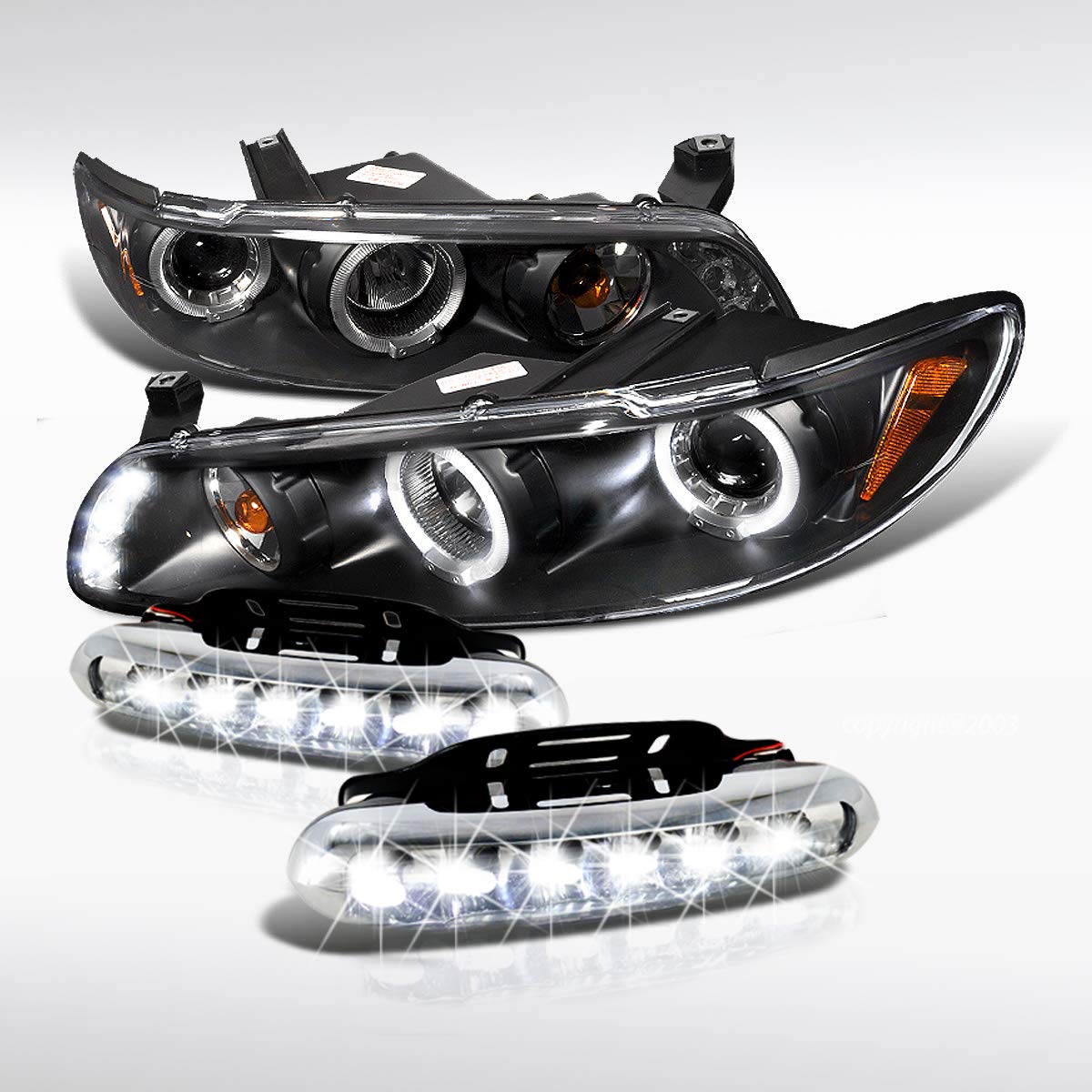 JDM Black Grand Prix LED Halo Projector Headlights with Bumper Fog DRL Lamp - High Performance Car Lighting for Night Driving & Custom Styling