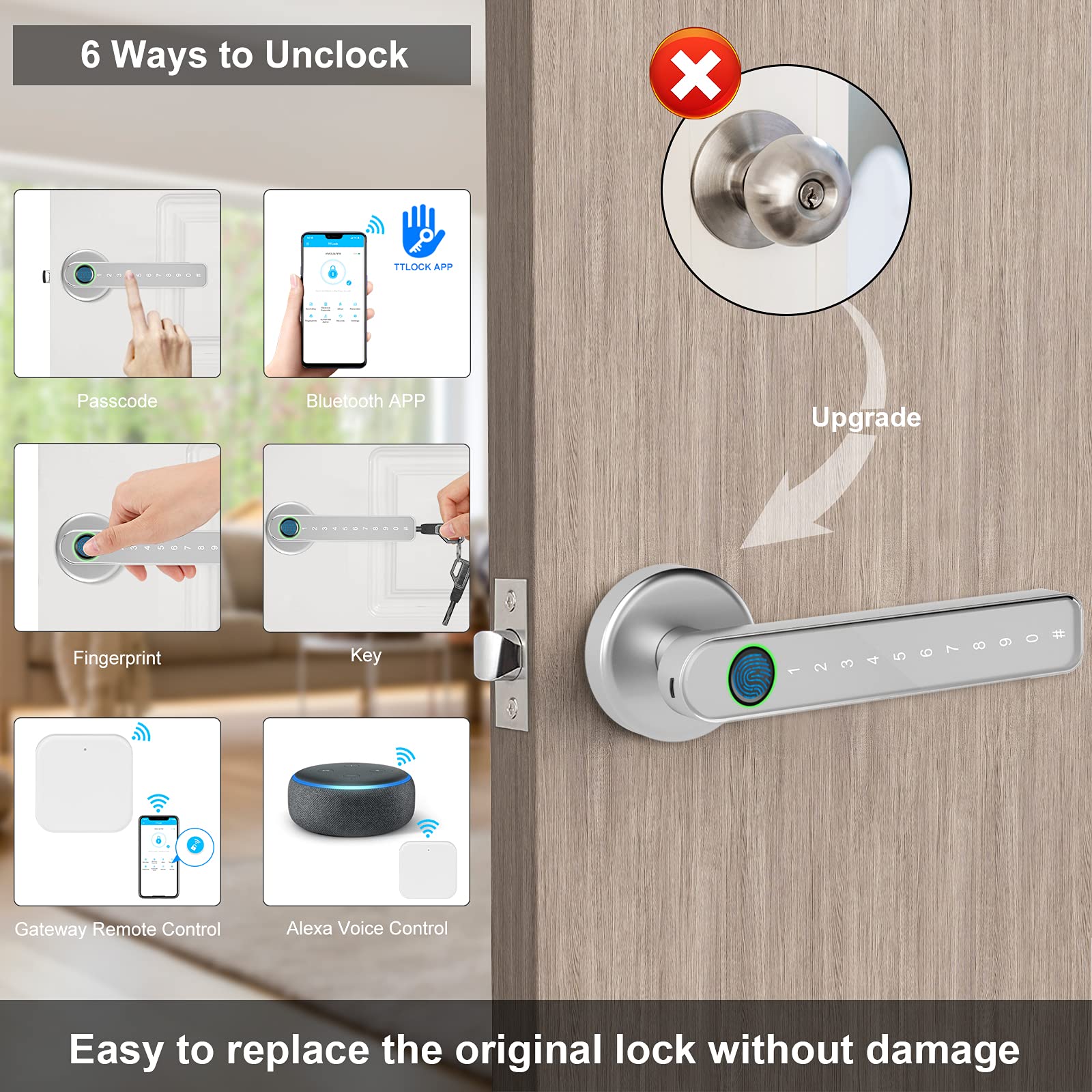 Smart Door Lock - Keyless Entry, Fingerprint & Bluetooth/WiFi App Control, Secure Digital Door Lock with Keypad & Handle for Front Door, Apartment, Office - Silver | Perfect for Home Security & Smart Access Control