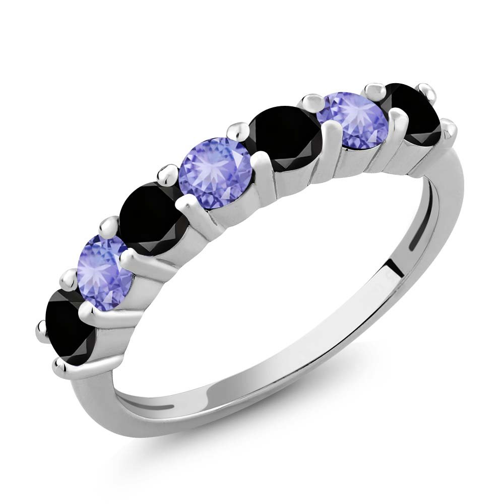 1.22 Ct Round Black Diamond & Blue Tanzanite 925 Sterling Silver Anniversary Ring for Women - Elegant Wedding Band, Engagement Jewelry Gift for Her - Perfect for Anniversaries, Valentine's Day & Special Occasions