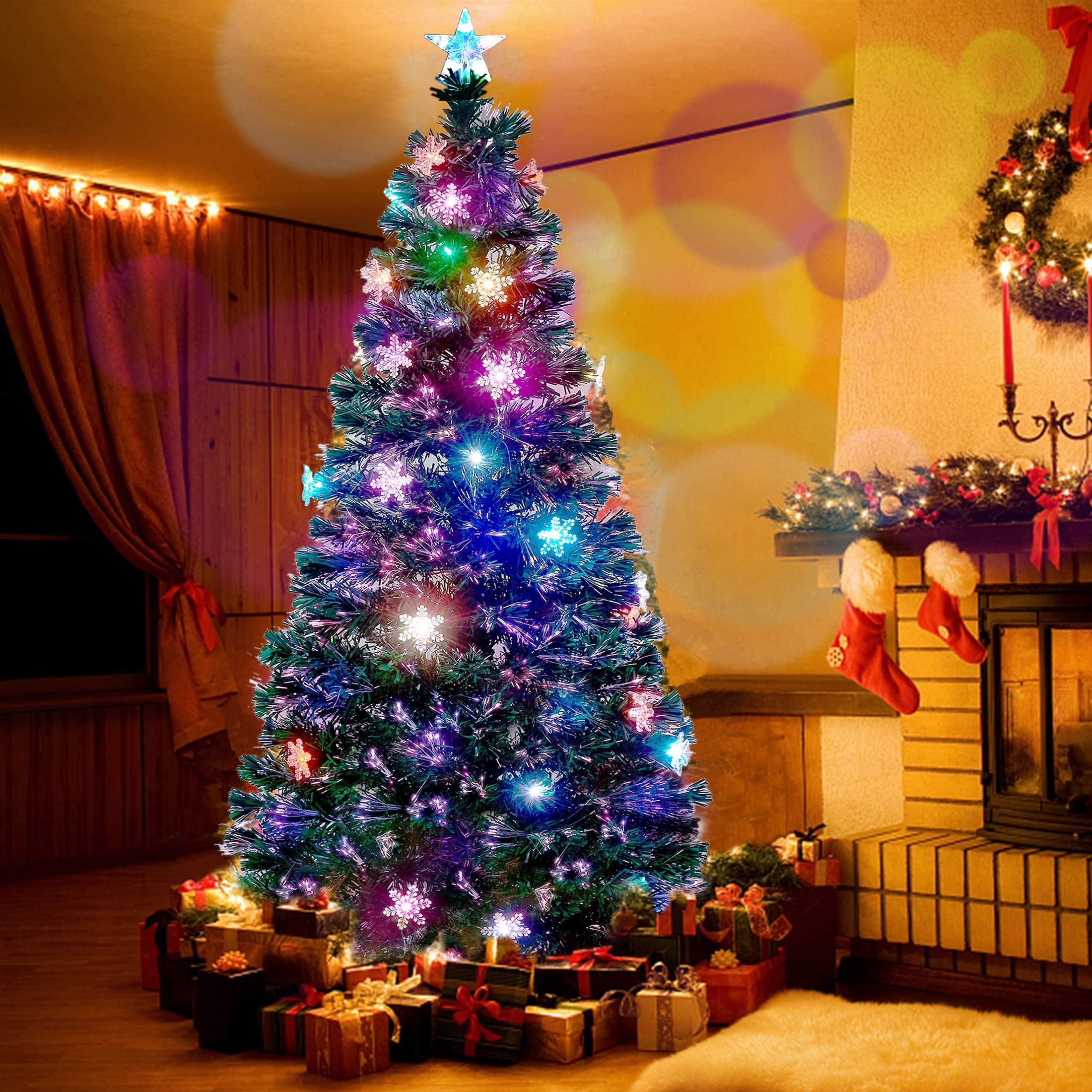Juegoal 7 ft Pre-Lit Artificial Christmas Tree with RGB Color Changing LED Lights, Snowflakes & Star Topper - Sturdy Metal Stand for Holiday Decorations | Perfect for Living Room, Office & Festive Party Decor