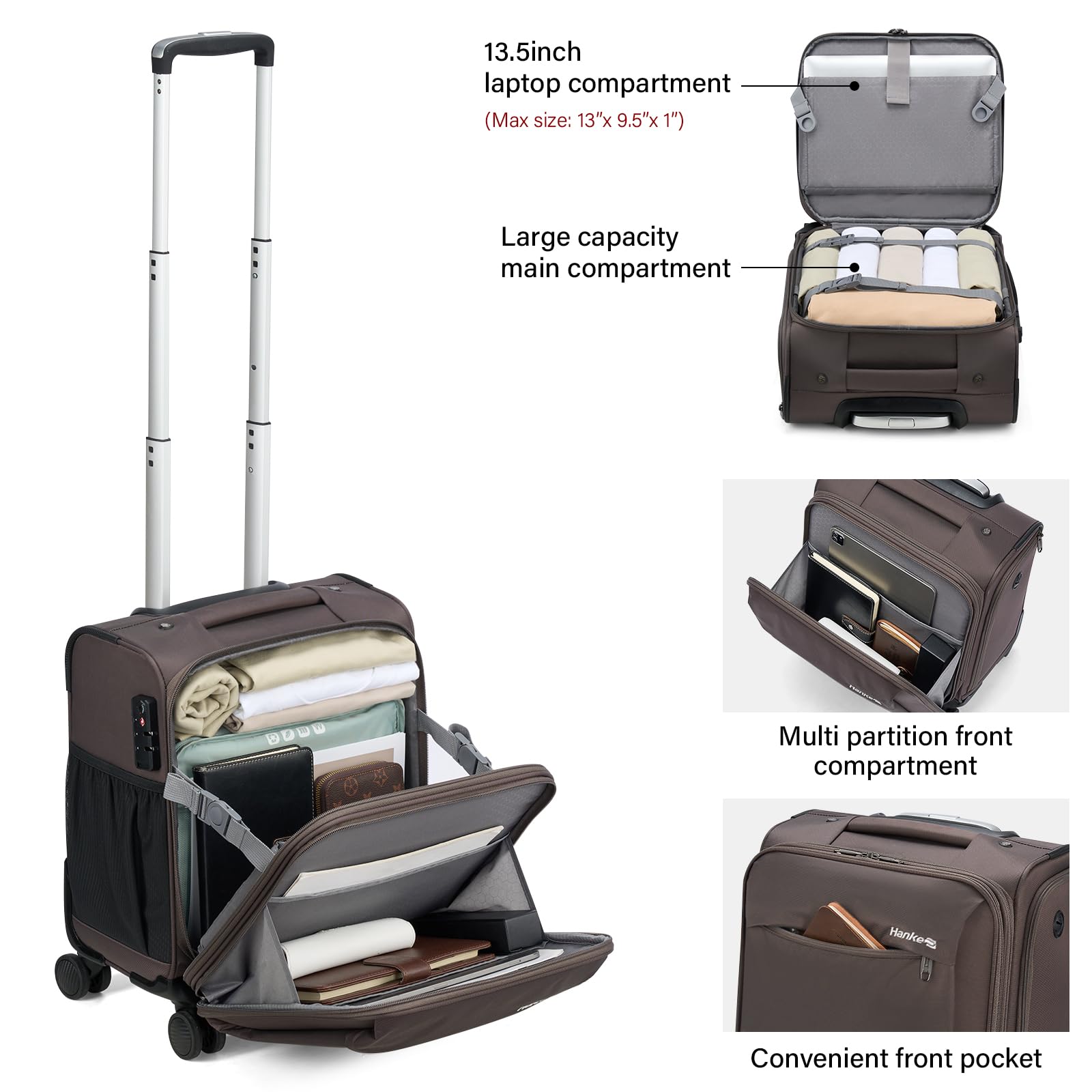 Hanke 16 Inch Underseat Carry On Luggage with Wheels - Lightweight Softside Travel Suitcase for Men & Women, Coffee | Perfect for Airplane Cabin, Business Trips & Weekend Getaways