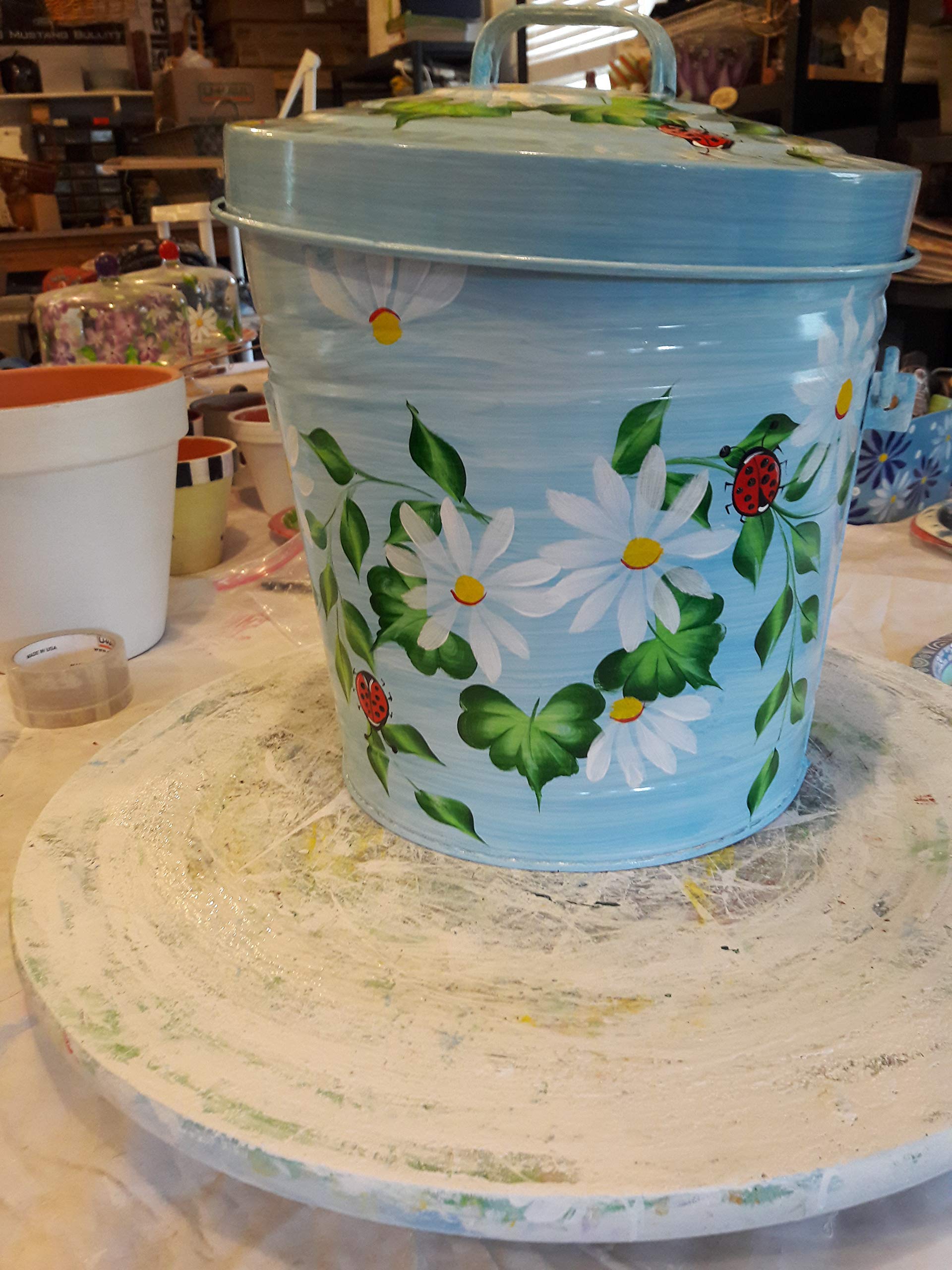 6 Gallon Hand Painted Decorative Trash Can - Elegant Waste Bin for Kitchen, Bathroom & Office - Eco-Friendly Garbage Can with Lid for Home Decor