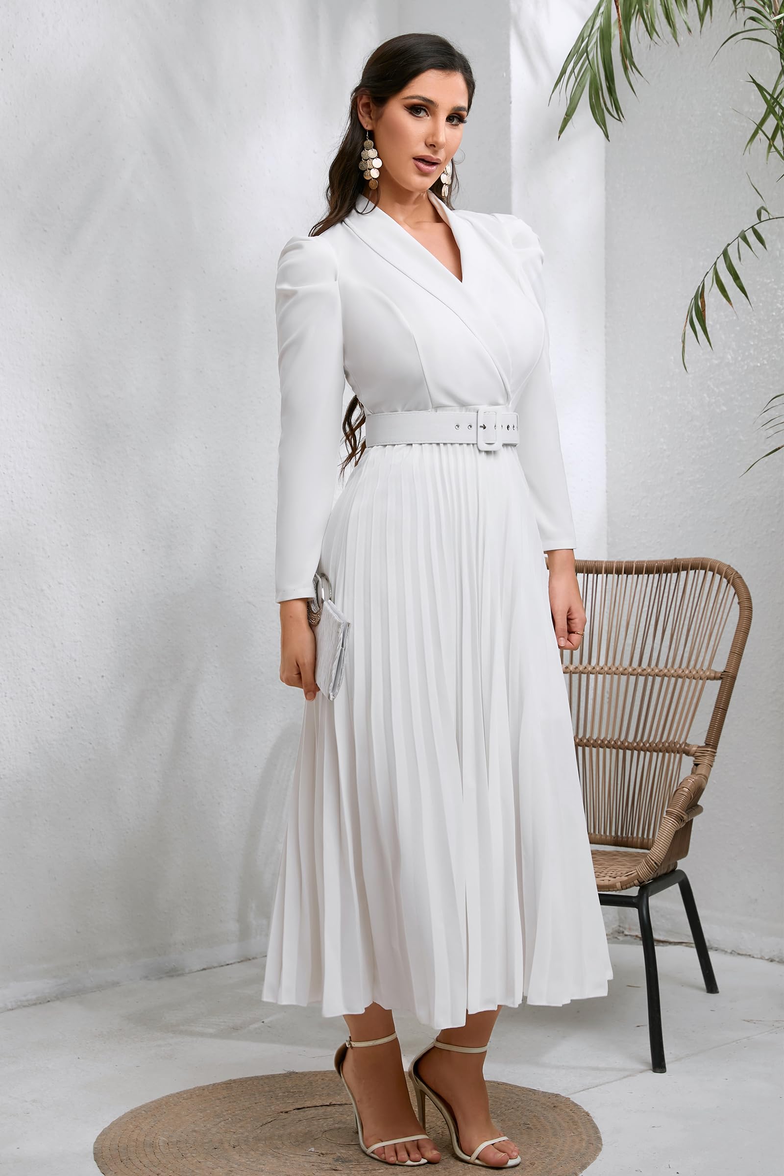 Women's Elegant Long Puff Gigot Sleeve Belted Maxi Dress with V-Neck & Pleated Design - Perfect for Casual Outings, Parties, and Special Occasions