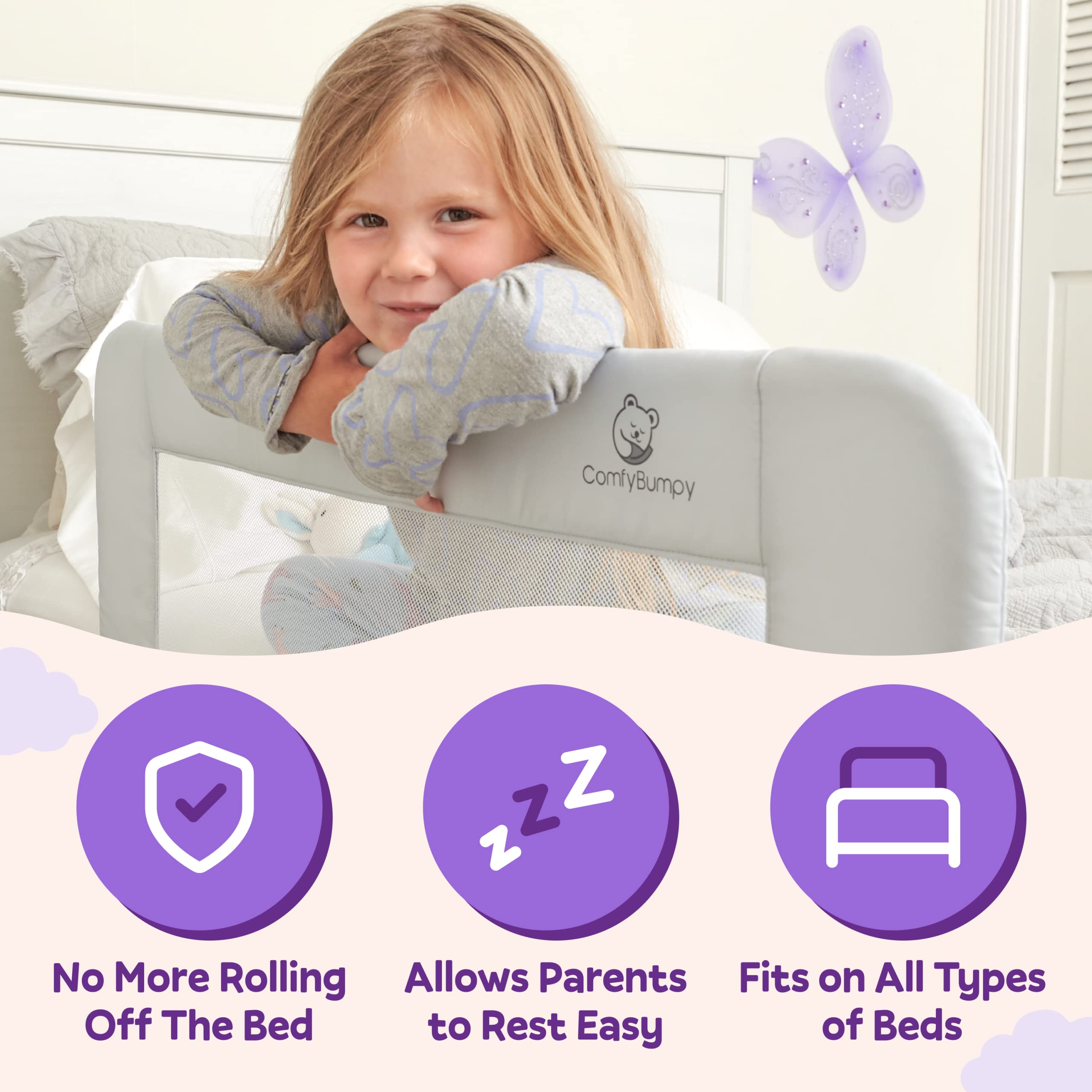 **Adjustable Toddler Bed Rail Guard - ComfyBumpy Bed Rail for Kids & Toddlers (Twin, Full, Queen, King Size) - Swing Down Baby Safety Rail - Gray, 35.5