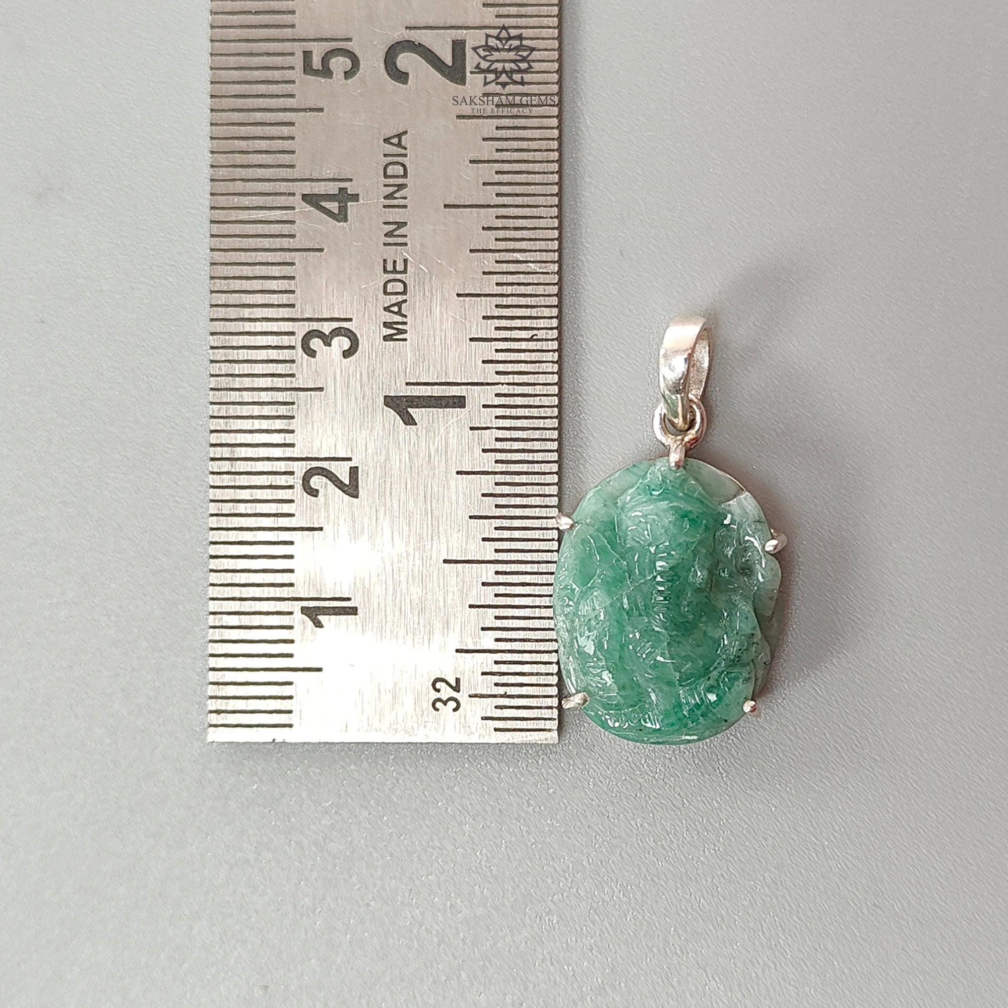 Natural Untreated Green Emerald Ganesha Pendant - 4.58gm 925 Sterling Silver Prong Set (1.25 Inch) | Spiritual Jewelry for Meditation, Yoga & Hindu Festivals