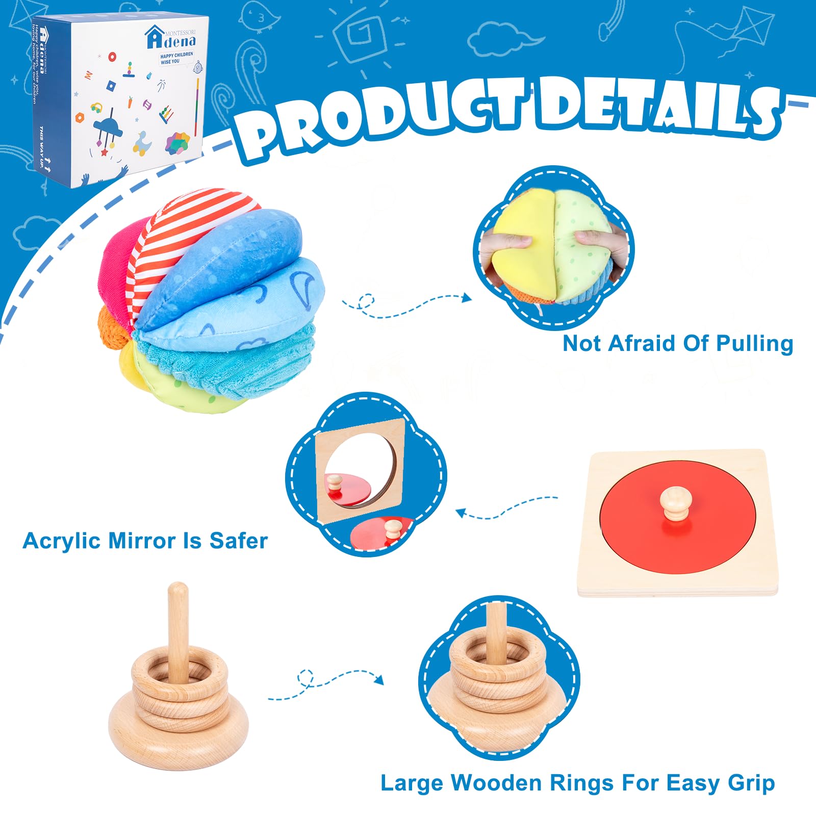 **Adena Montessori Play Kit for 5-6 Month Old Babies - 8-in-1 Learning & Educational Toys for Toddlers (Rainbow Spinning Drum, Mirror Puzzle, Baby Tissue Box & More) - Perfect Christmas & Birthday Gift for Boys & Girls - Ideal for Early Childhood Development & Sensory Play**