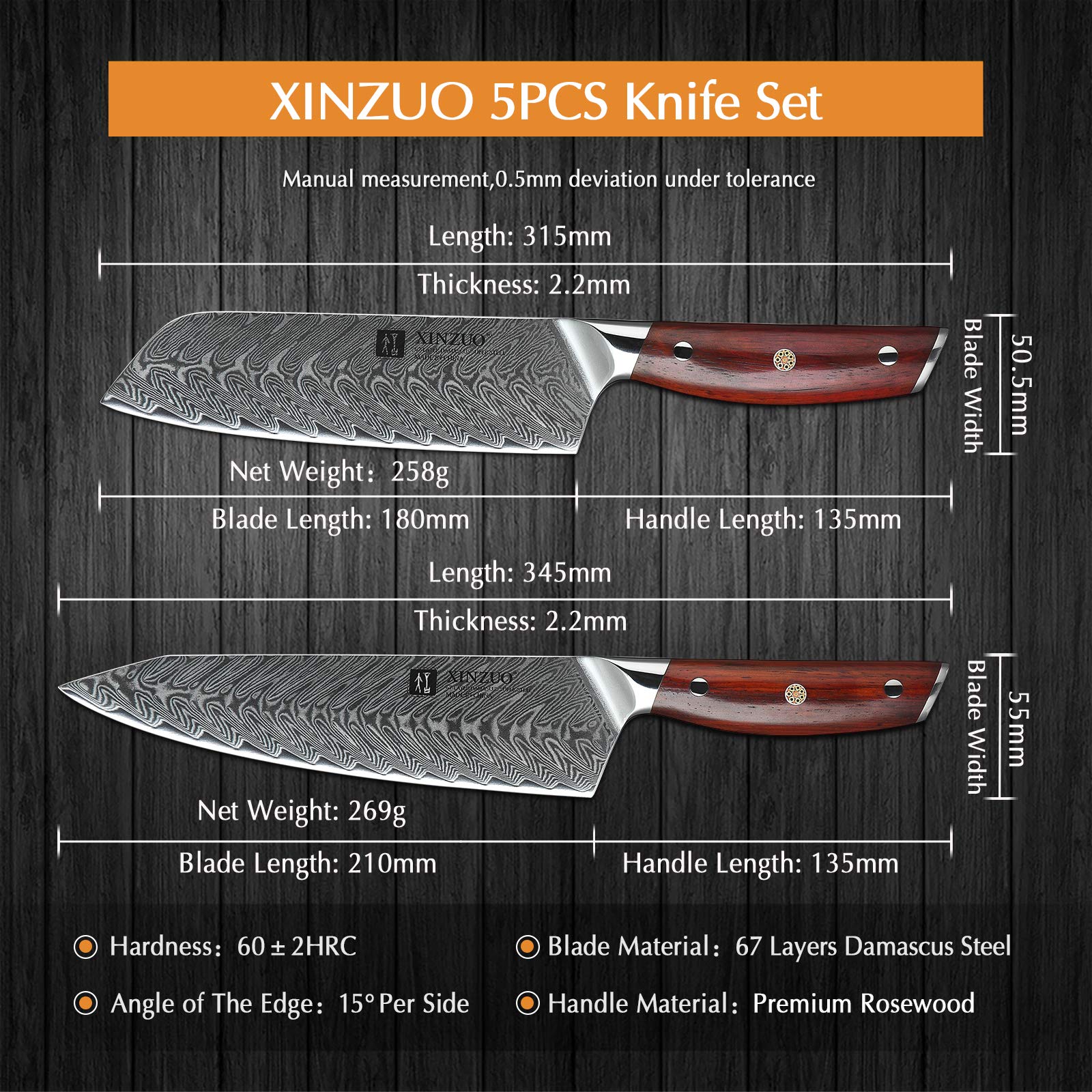 XINZUO 5-Piece Damascus Steel Knife Set - Professional Ultra Sharp Kitchen Knives with Natural Rosewood Handles - Perfect Chef Gift Box for Home Cooking & Professional Kitchens