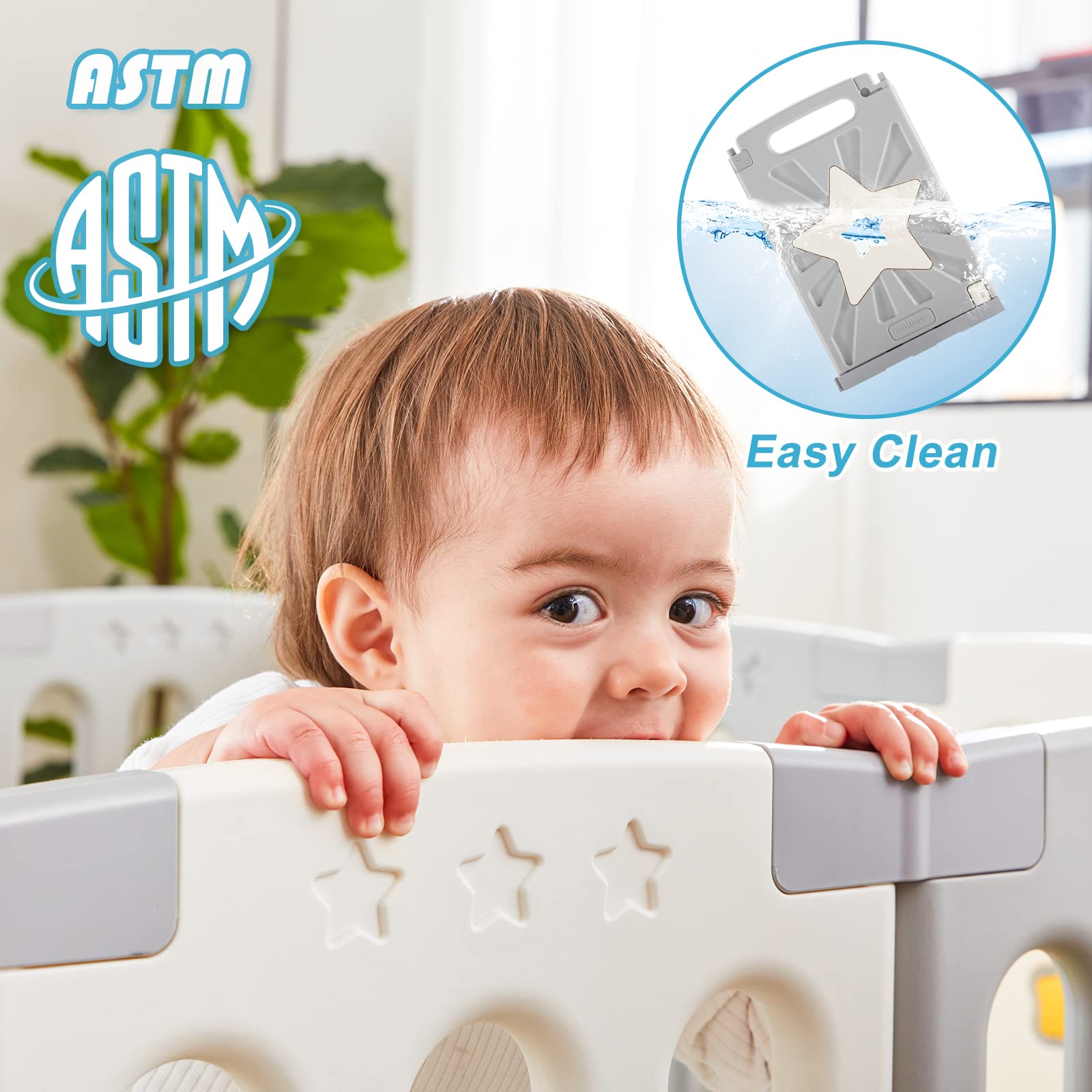**Baby Playpen - 16 Panel Safety Baby Gate for Infants & Toddlers, Sturdy & Portable Play Yard for Indoor & Outdoor Use - Grey, White & Star Design - Perfect for Playtime, Learning & Safe Exploration**