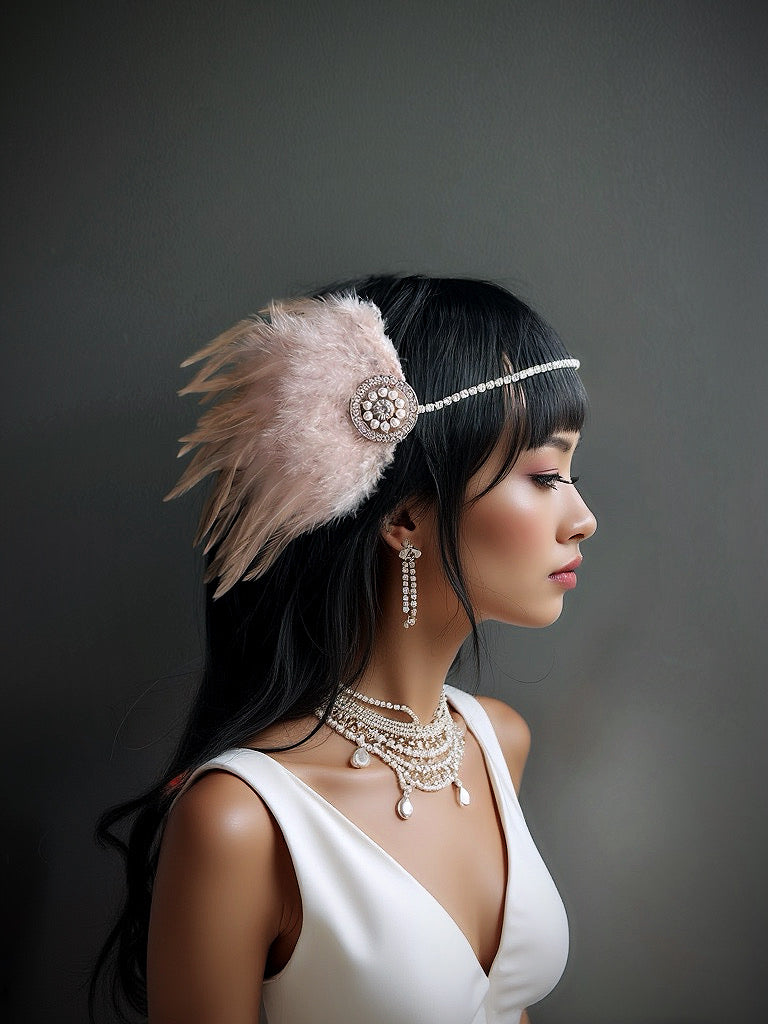 Vintage 1920s Pink Feather Flapper Headband with Pearls - Roaring 20s Gatsby Party, Halloween Costume, Bridal Shower, Themed Event Accessory