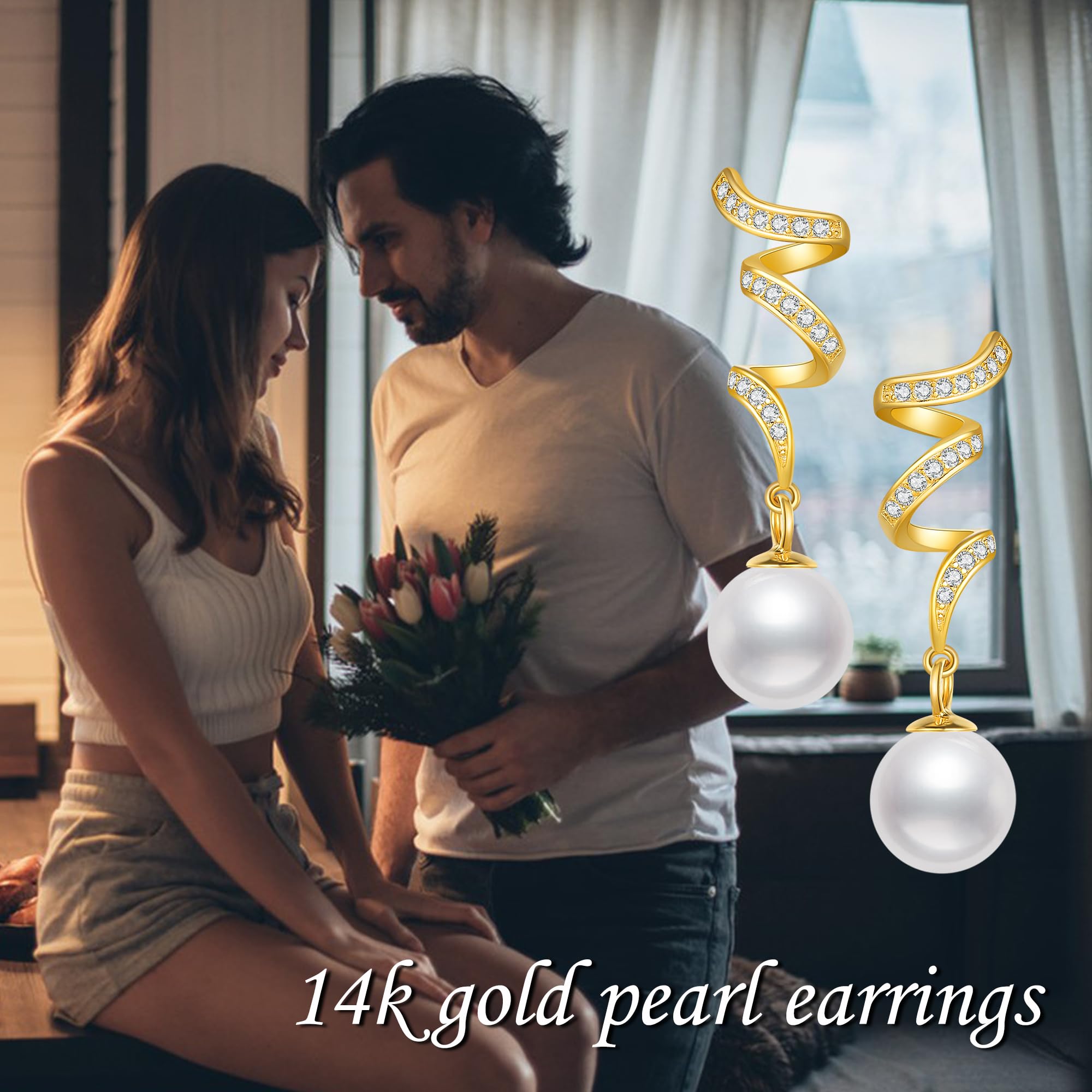 14K Yellow Gold Freshwater Cultured Pearl Drop Earrings for Women - 8MM Round Pearl Dangle Earrings with Twist Design | Perfect for Weddings, Parties & Special Occasions