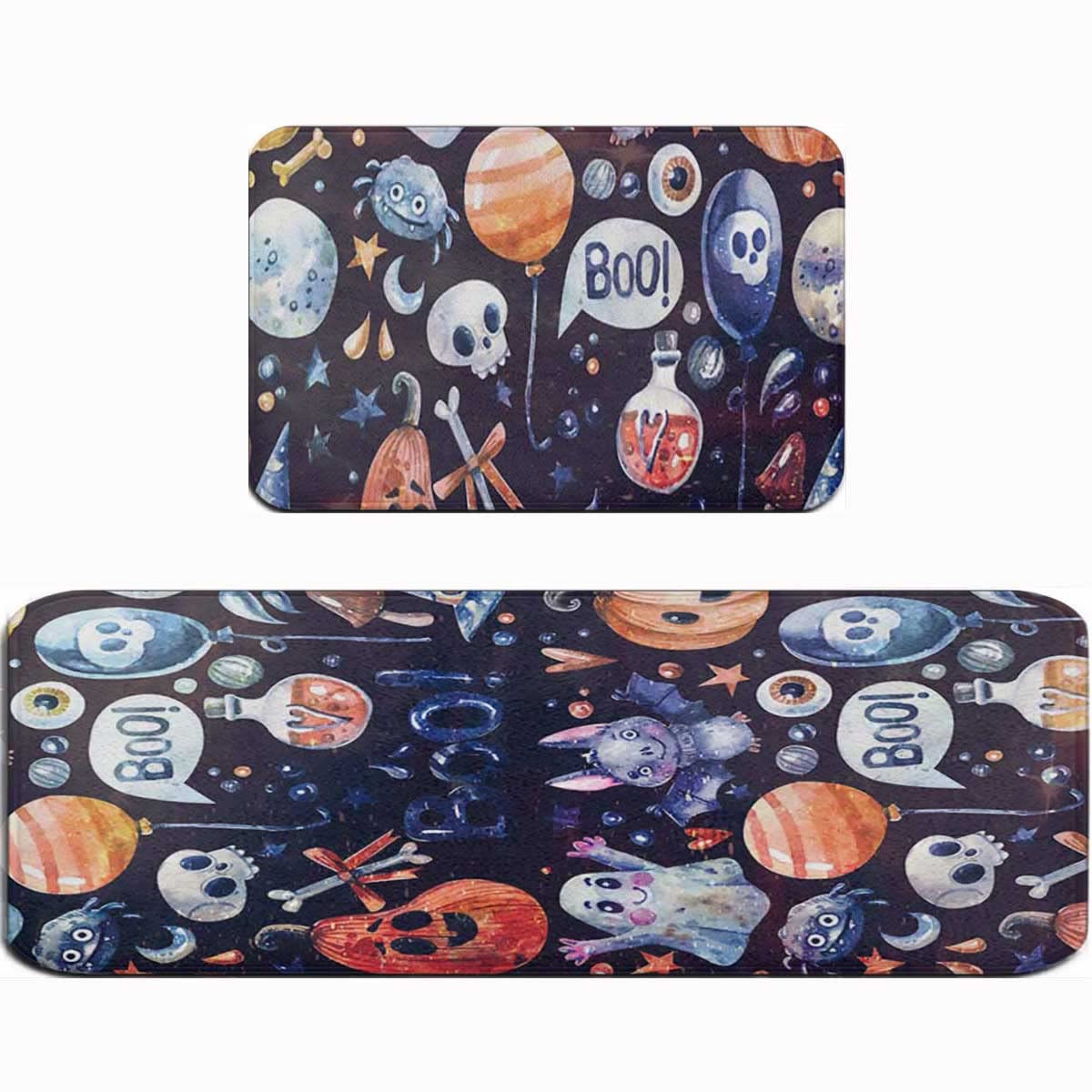 2 Pcs Non-Slip Kitchen Rug Set - Soft Flannel Washable Mats with Cute Halloween Ghost Pumpkin Spider Design, 17.7