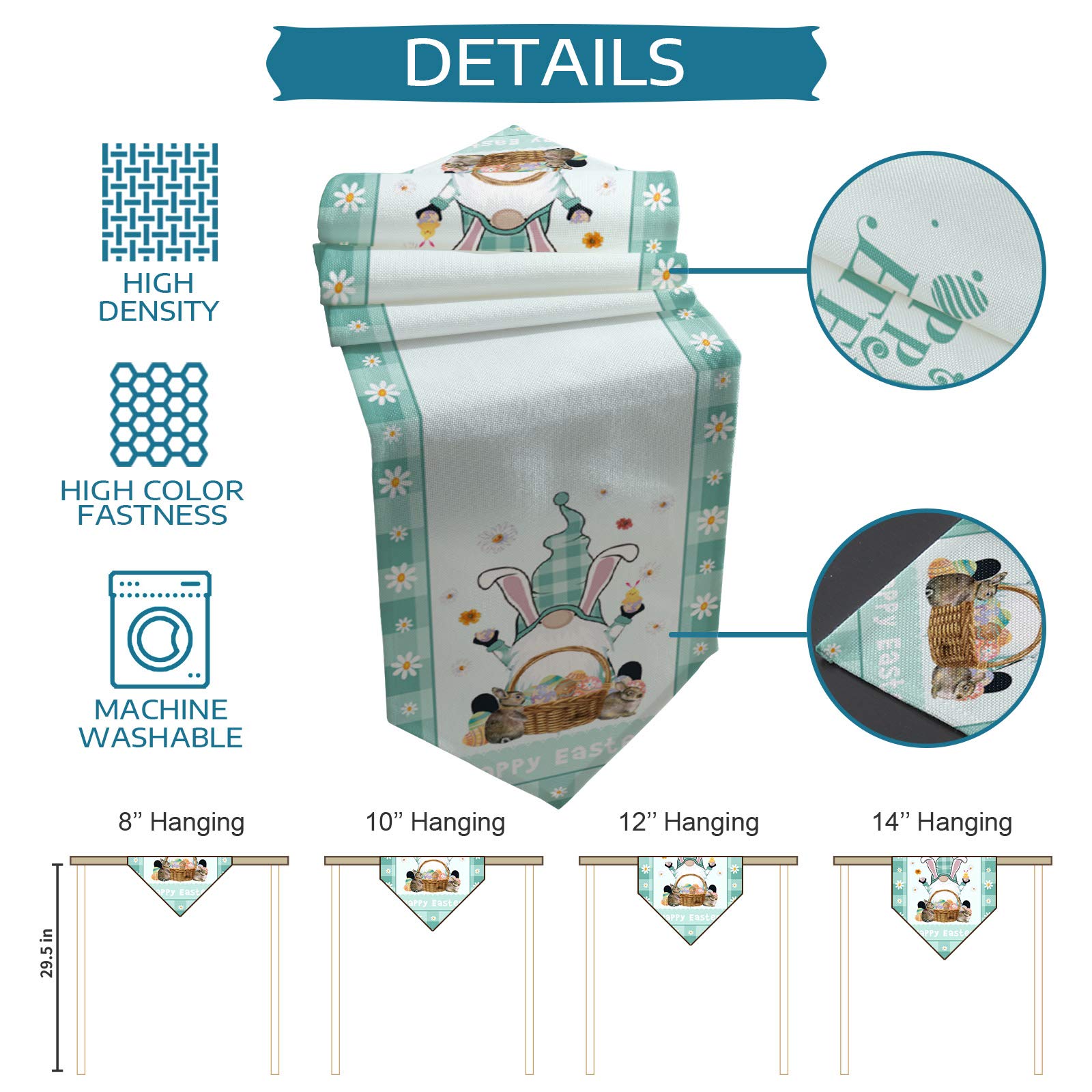 ALAGEO Easter Gnome Table Runner - Bunny Ears Gnome Decorative Runner, Machine Washable, Teal Green Check Plaid, 13x70 Inch - Perfect for Spring Easter Holiday Dinner Parties, Home Decor & Seasonal Table Setting