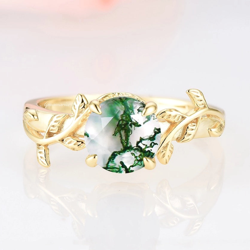 Natural Moss Agate Leaf Engagement Ring - 14K Yellow Gold Vermeil Wedding Band for Women, Nature-Inspired Jewelry for Brides, Anniversary Gifts & Boho Style Accessories | Perfect for Outdoor Weddings, Beach Proposals & Everyday Boho Fashion