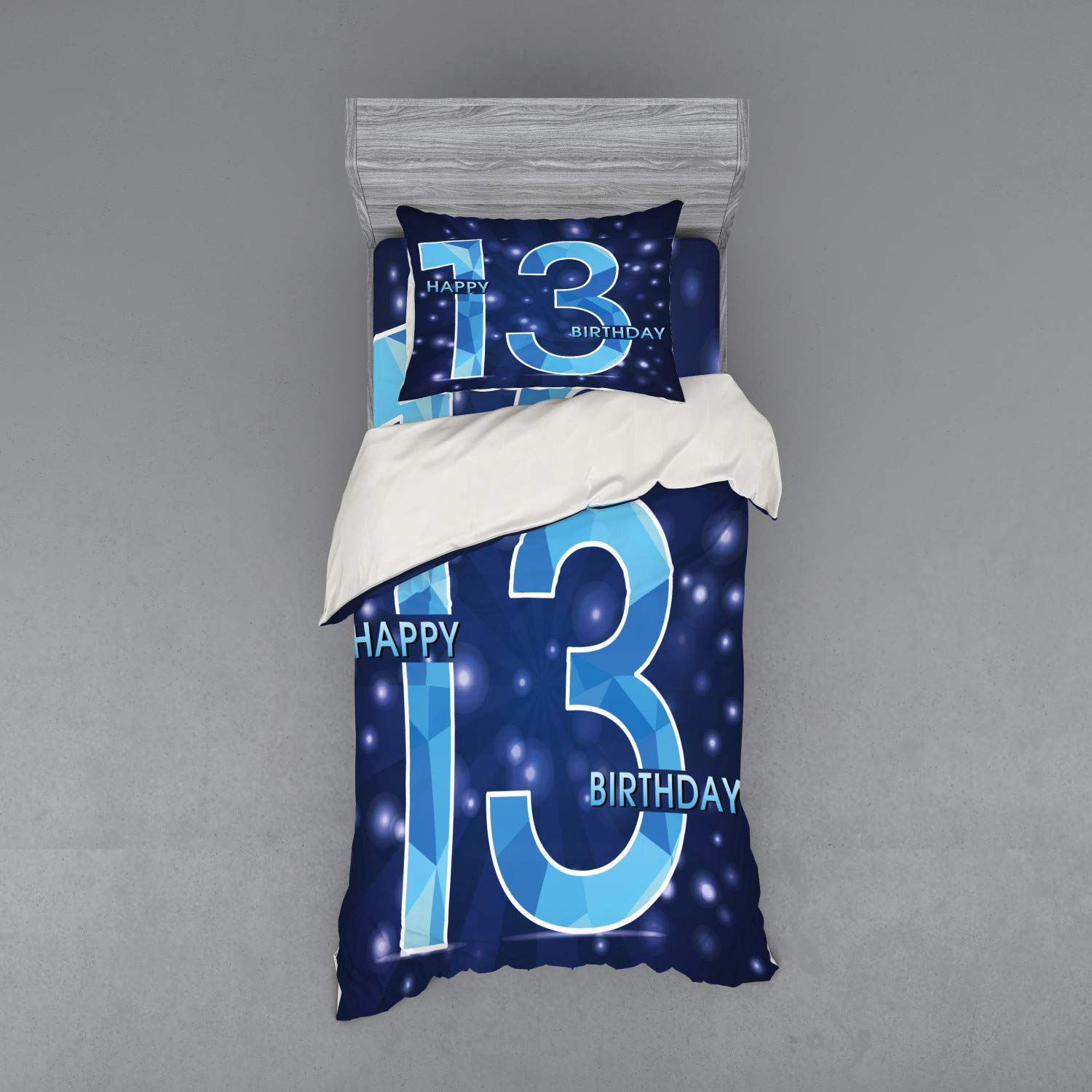 Ambesonne 13th Birthday Duvet Cover Set - 3 Piece Twin Size Bedding with Polygonal Emblem & Stars on Dark Blue - Includes Sham & Fitted Sheet | Perfect for Teen Bedrooms, Sleepovers & Birthday Gifts