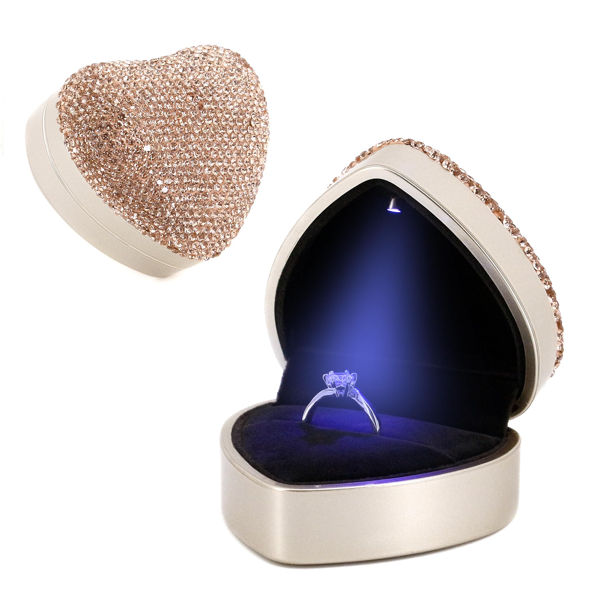 Naimo Bling Rhinestone Heart Shaped Ring Box - Velvet Jewelry Organizer with LED Light for Engagement Rings, Earrings & Coins | Perfect for Wedding Proposals, Bridal Showers & Anniversary Gifts