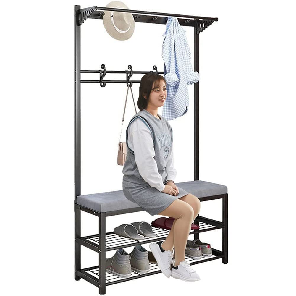 Fangsky 3-in-1 Entryway Organizer - Coat Rack Shoe Bench Hall Tree with 10 Hooks & Storage Shelf | Durable Metal Frame for Hallway, Bedroom, Living Room | Perfect for Small Spaces, Apartment Entry & Mudroom Organization