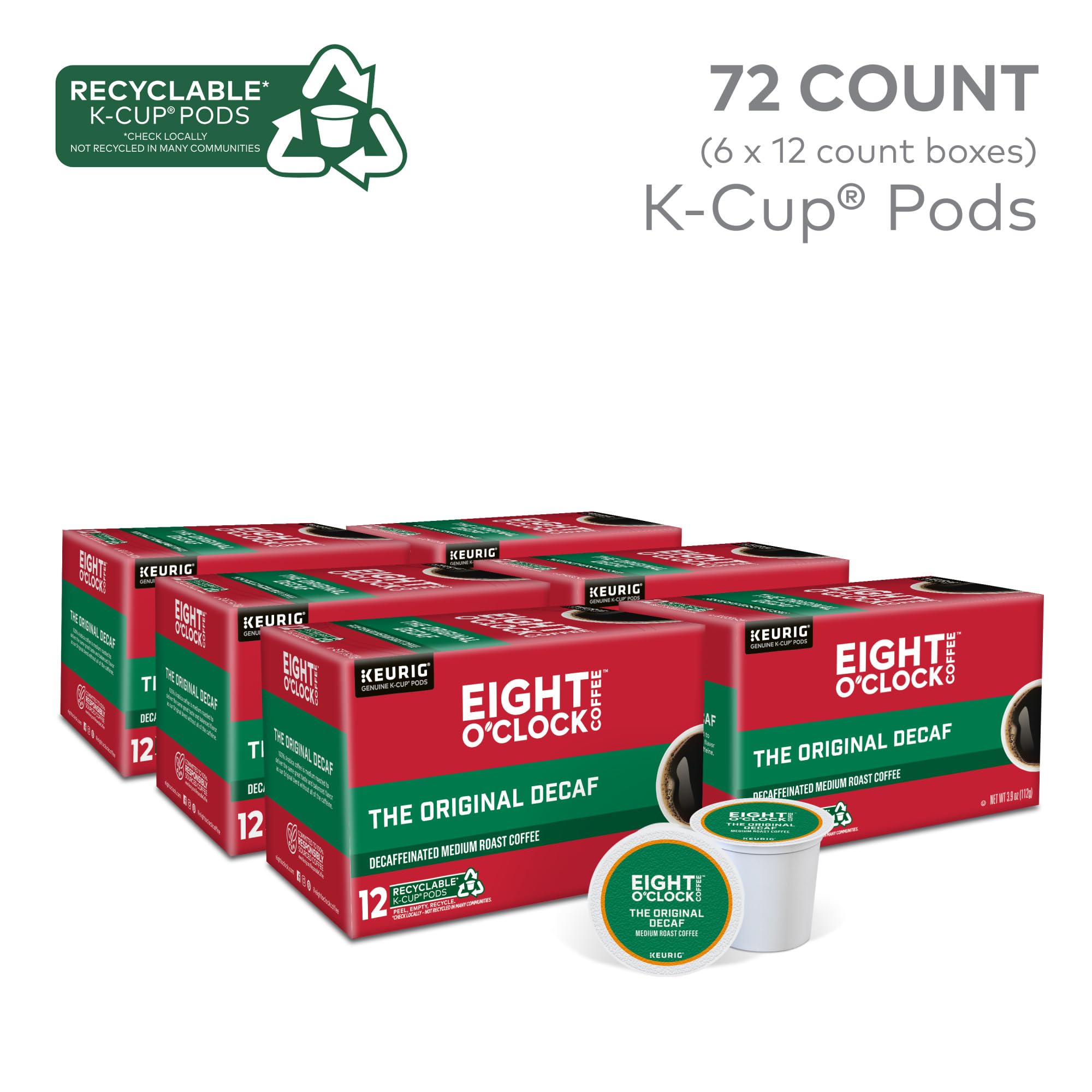 Eight O'Clock Coffee The Original Decaf K-Cup Pods - Medium Roast, 72 Count (6 Packs of 12) | Single-Serve Coffee for Keurig Brewers | Perfect for Home, Office & Morning Routine