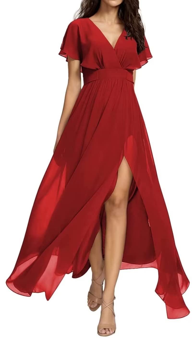 Elegant Wine Red Chiffon Bridesmaid Dress with Ruffled Sleeves & Side Slit - Formal Maxi Party Gown with Pockets - Perfect for Weddings, Evening Events & Special Occasions