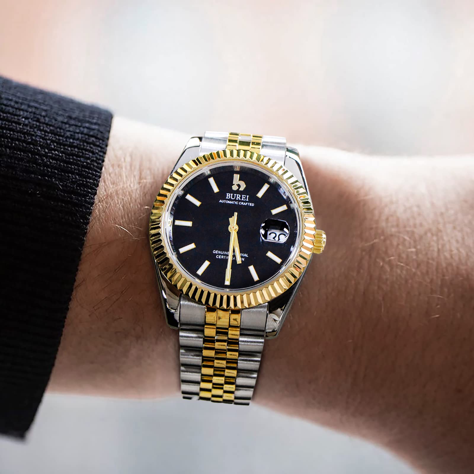BUREI Men's Classic Automatic Business Watch - Sapphire Crystal Glass, Date Display, Gold & Black - Perfect for Office Wear, Formal Events & Professional Settings