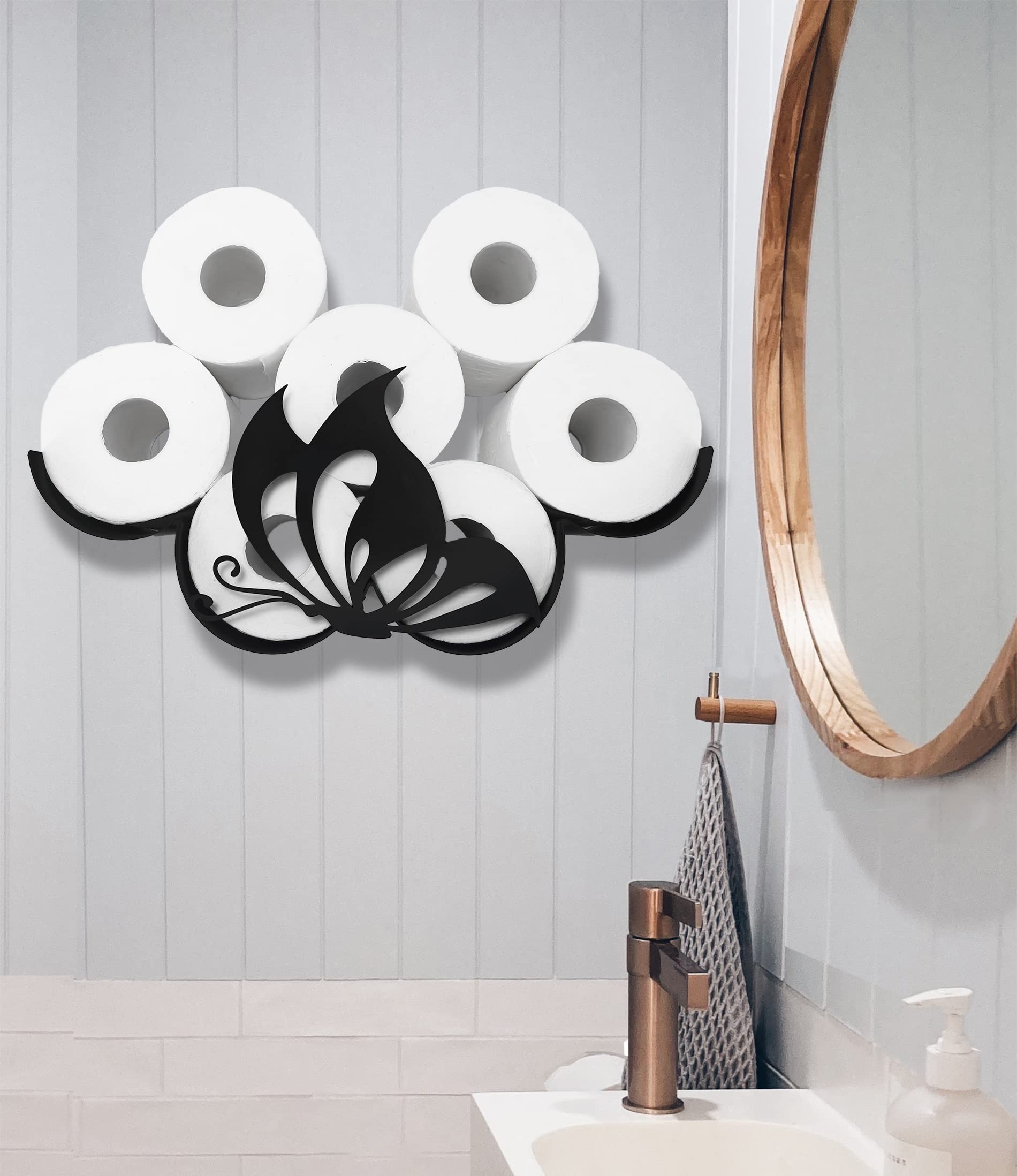 Black Butterfly Metal Wall Toilet Paper Holder - Decorative Animal Tissue Storage Organizer for Bathroom with 8-Roll Capacity - Perfect for Small Spaces, Powder Rooms & Farmhouse Style Decor