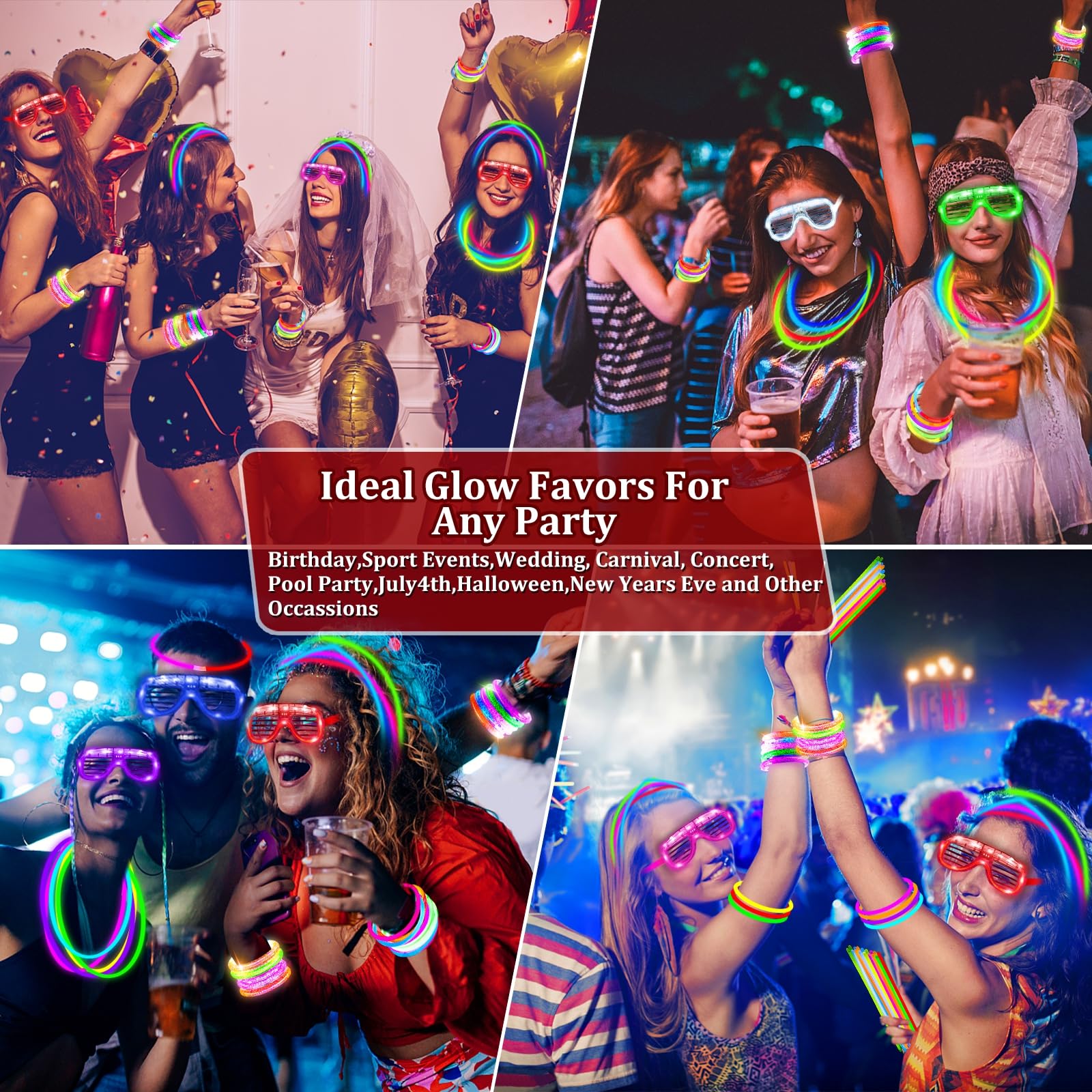 TURNMEON 148-Piece Glow in the Dark Party Kit - 24 LED Glasses, 24 Flashing Bracelets & 100 Glow Sticks Bulk - Perfect for Kids & Adults Birthday, Wedding, Carnival & Concert Night Events