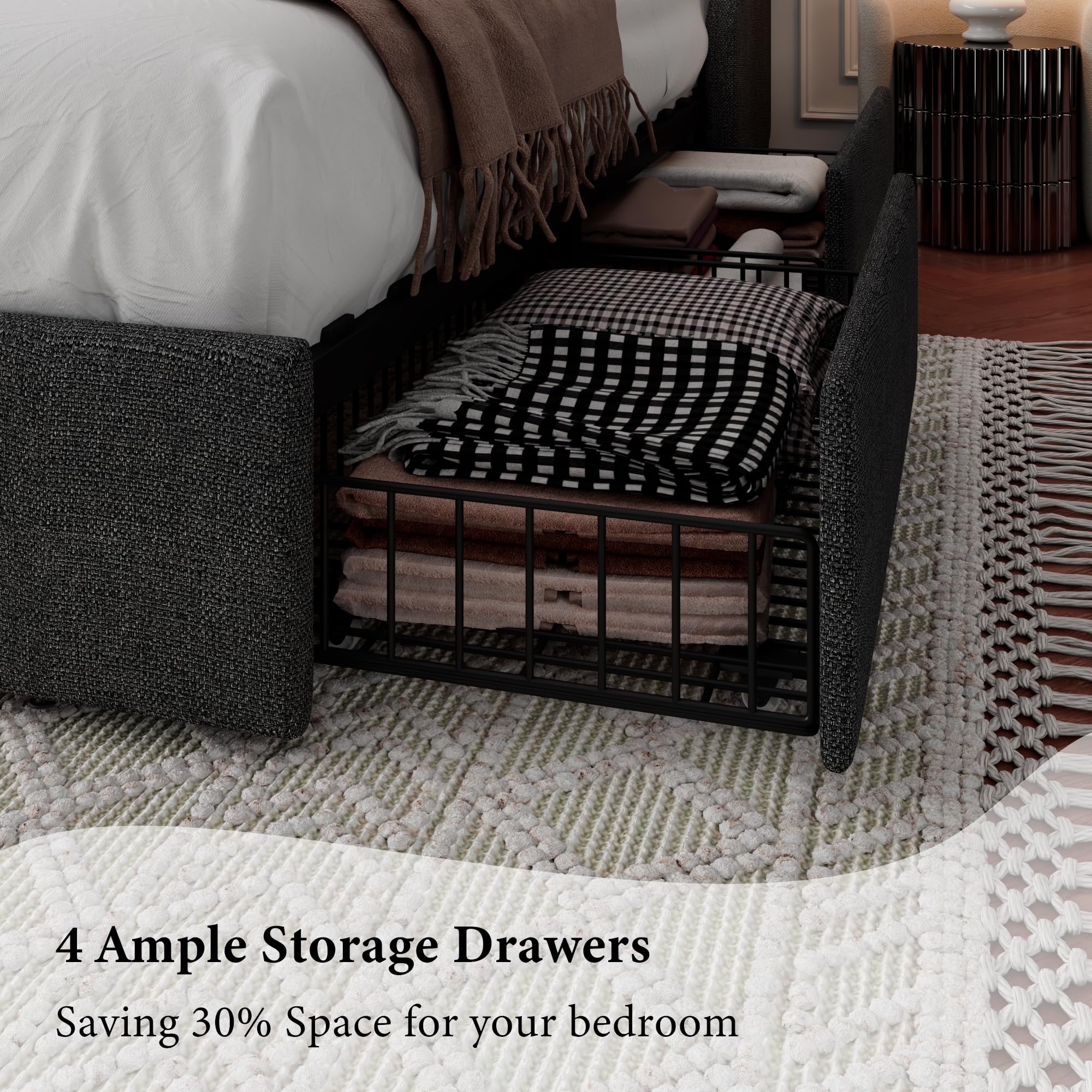iPormis King Size Bed Frame with 4 Storage Drawers & USB Ports - Upholstered Platform Bed with Wingback Headboard, Solid Wood Slats - No Box Spring Needed - Dark Gray - Perfect for Master Bedroom, Guest Room & Small Space Organization