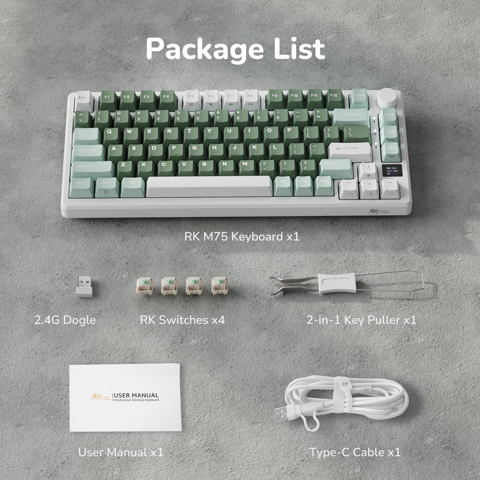RK ROYAL KLUDGE M75 Wireless Mechanical Gaming Keyboard - 2.4Ghz/BT5.1/USB-C, 75% Compact Layout (81 Keys), Gasket Mount, OLED Display & Control Knob, RGB Backlit, Hot-Swappable Pale Green Switches - Perfect for PC Gaming, Office Work, and Typing Enthusiasts