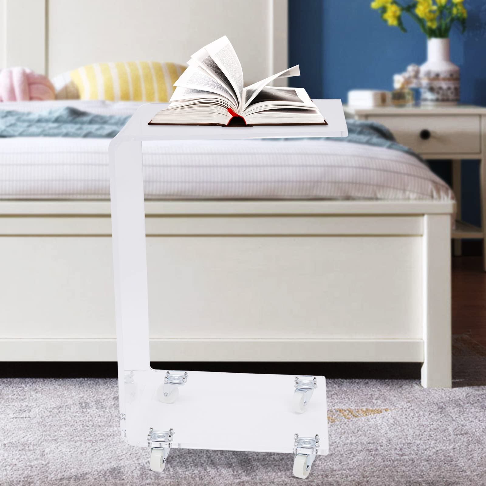 Acrylic C-Shaped End Table with Wheels - Modern Side Table for Sofa, Bed, or Office - Portable Snack Table, Coffee Tray Desk & Laptop Holder - Perfect for Living Room, Bedroom, or Small Space Workstation