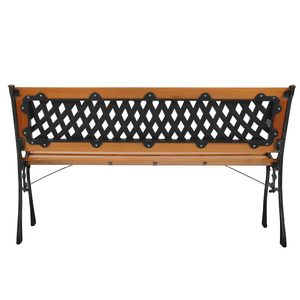 49-Inch Outdoor Garden Bench - Natural Hardwood Patio Park Bench with Bronze Cast Iron Frame & Weave Pattern - Rustic Elegant Porch, Deck & Backyard Seating for Relaxing & Outdoor Decor
