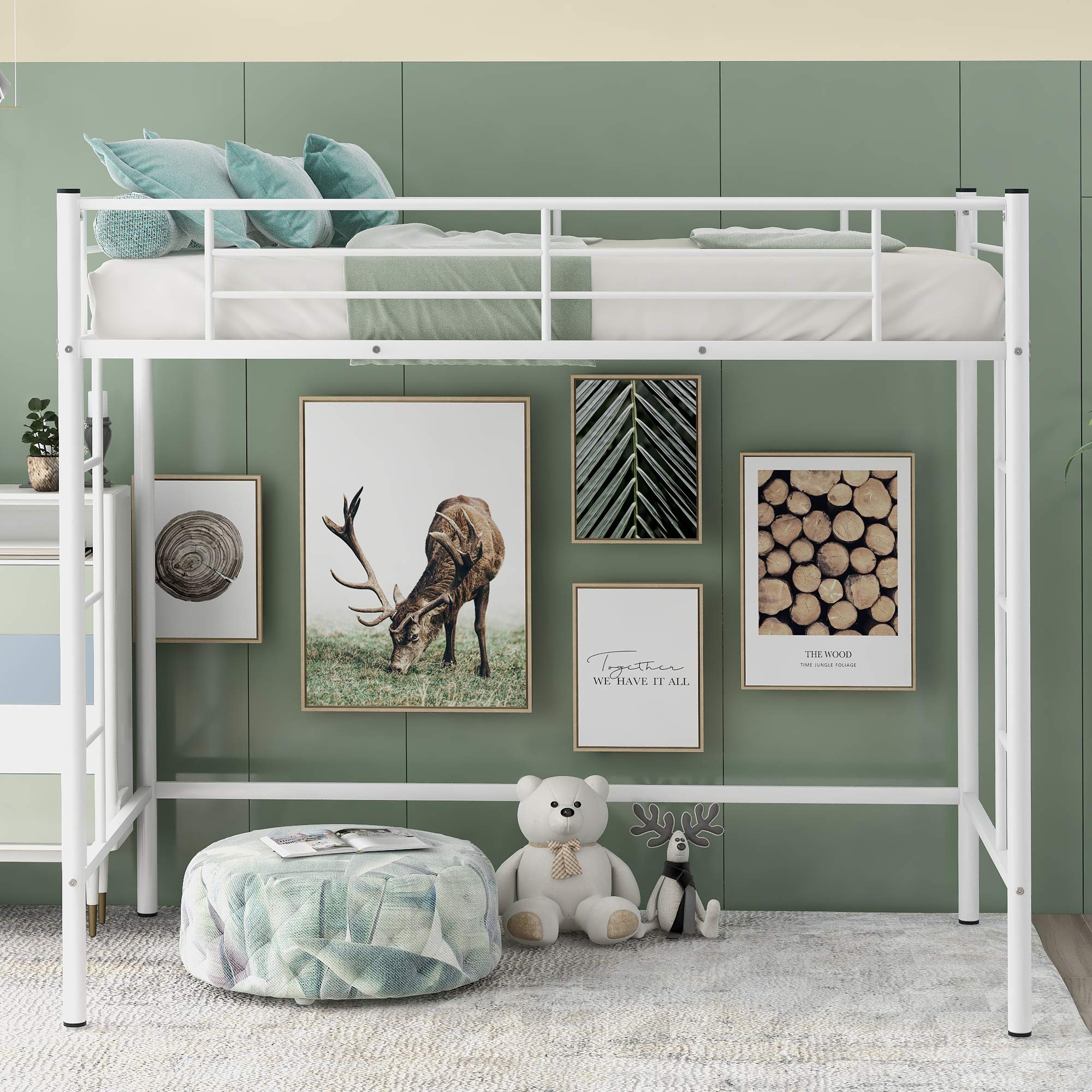 **Heavy Duty Twin Loft Bed with 2 Ladders, Space-Saving Multifunctional Metal Frame, Kids Loft Bed with Safety Guard Rails - Modern White Loft Bed for Small Bedrooms, Dorms & Kids' Rooms**    *(Perfect for maximizing space in apartments, shared rooms, or children's bedrooms with sturdy construction and safety features.)*