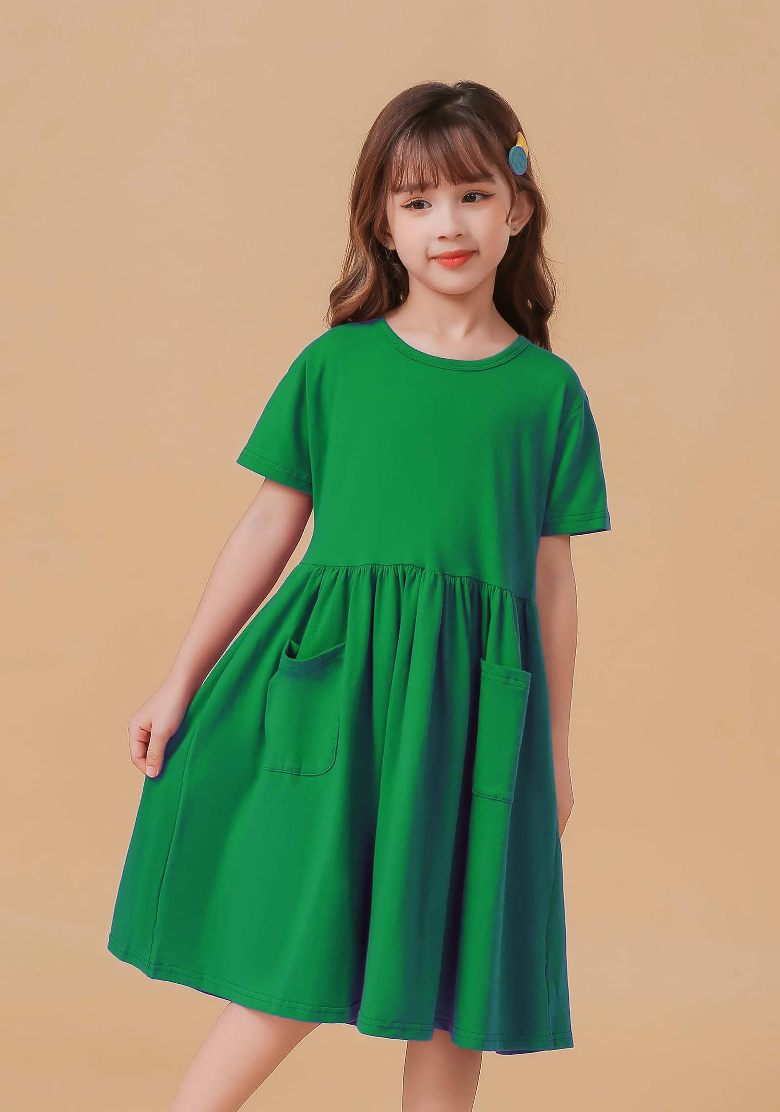 Girls Short Sleeve A-Line Pleated Dress - Solid Color Casual Pocket Dress for Kids | Perfect for School, Playdates & Summer Outings