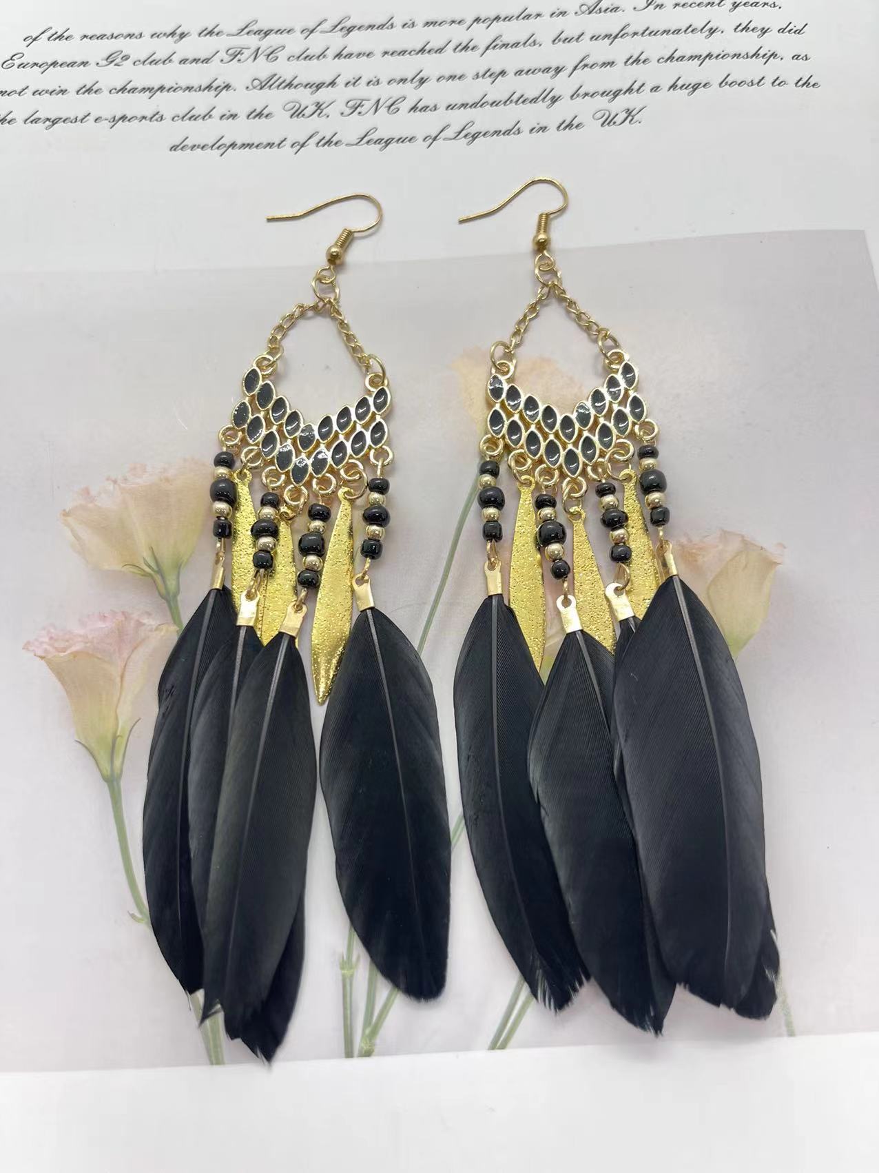 Vintage Bohemian Feather Earrings with Chain Tassel - Handmade Boho Jewelry for Women, Perfect for Festivals, Parties, and Casual Wear