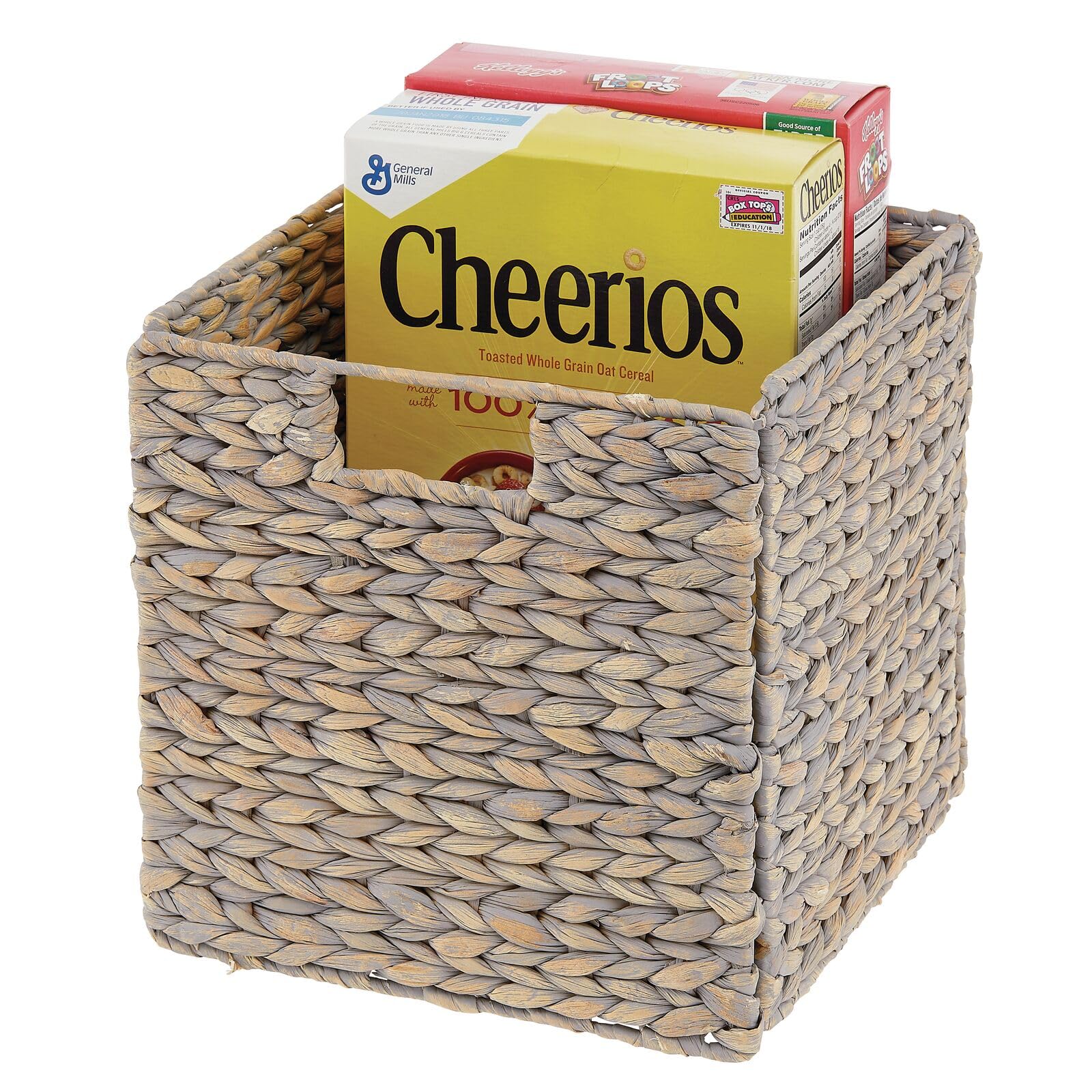 mDesign Natural Woven Hyacinth Storage Basket with Handles - 8 Pack Gray Wash Cube Organizer for Kitchen, Pantry & Cubby Units | Perfect for Snacks, Small Appliances & Home Organization