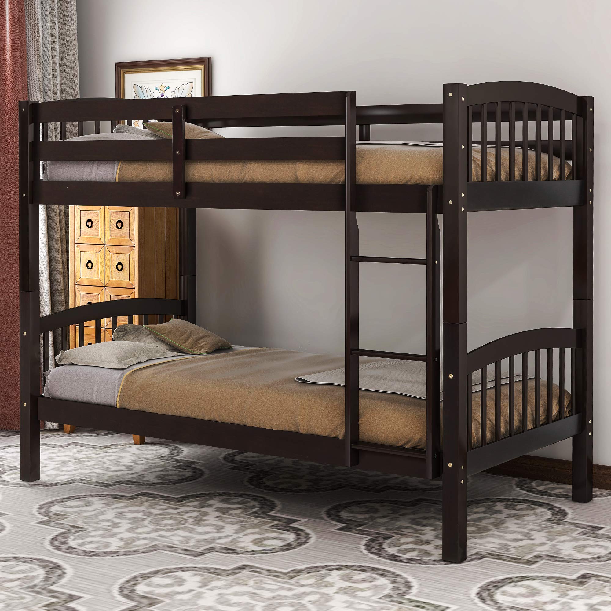 Anwick Solid Wood Twin Over Twin Bunk Bed with Ladder & Safety Rail - Sturdy Espresso Bunk Bed Frame for Kids, Teens, Boys & Girls - Perfect for Shared Bedrooms, Sleepovers & Space-Saving Kids' Rooms