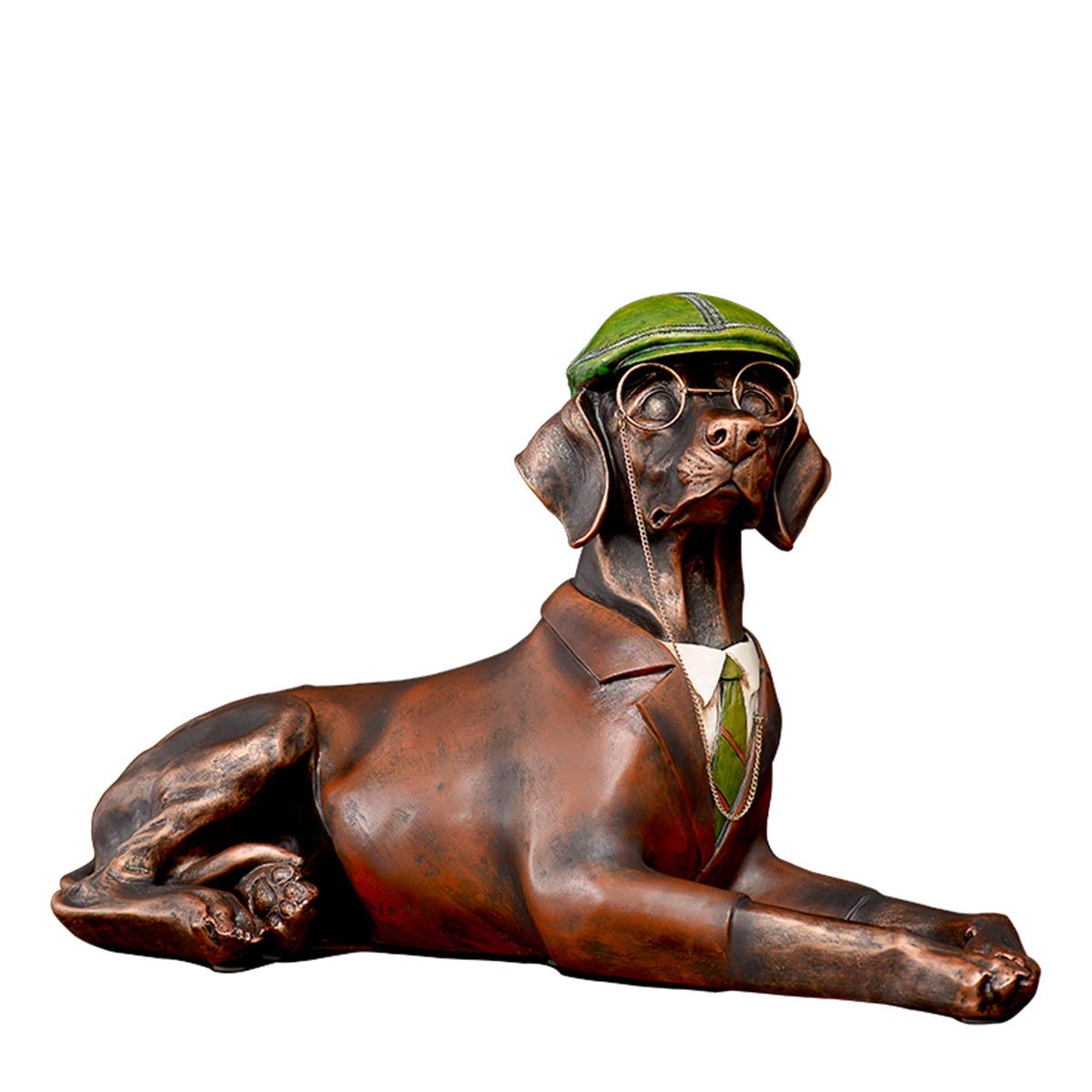 15 Inch Tall Large Sitting Dog Statue with Green Hat - Resin Animal Figurine for Home & Office Tabletop Decor - Perfect for Living Room, Bookshelf, or Gift Idea