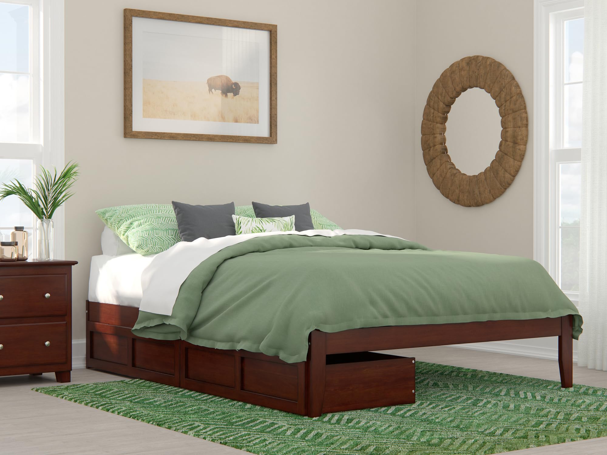 AFI Colorado Queen Platform Bed Frame with 2 Storage Drawers & USB Charging Ports - Solid Walnut Wood - Modern Bedroom Furniture for Small Spaces & Guest Rooms
