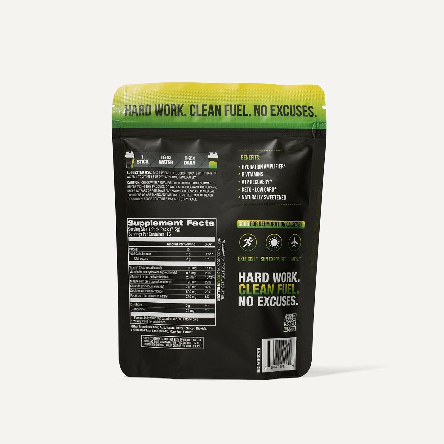 JOCKO Hydrate Sticks - Electrolyte Powder Packets for Rapid Hydration | Perfect for Workouts, Running, Sports & Outdoor Activities