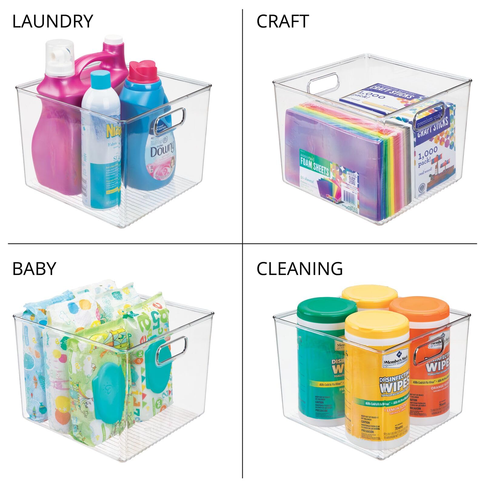 mDesign 8-Pack Clear Plastic Storage Baskets with Handles - Deep Organizer Bins for Cube Shelves | Perfect for Office, Closet, Bedroom, Laundry, Nursery & Kids Toy Room Organization | Durable Home Storage Solution