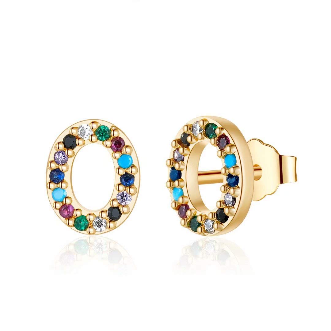 Hypoallergenic 925 Sterling Silver Initial Stud Earrings for Women & Girls - Gold Plated Rainbow Cubic Zirconia Letter Jewelry (26 Letters) | Perfect Birthday Gifts, Graduation Present & Everyday Fashion Accessories
