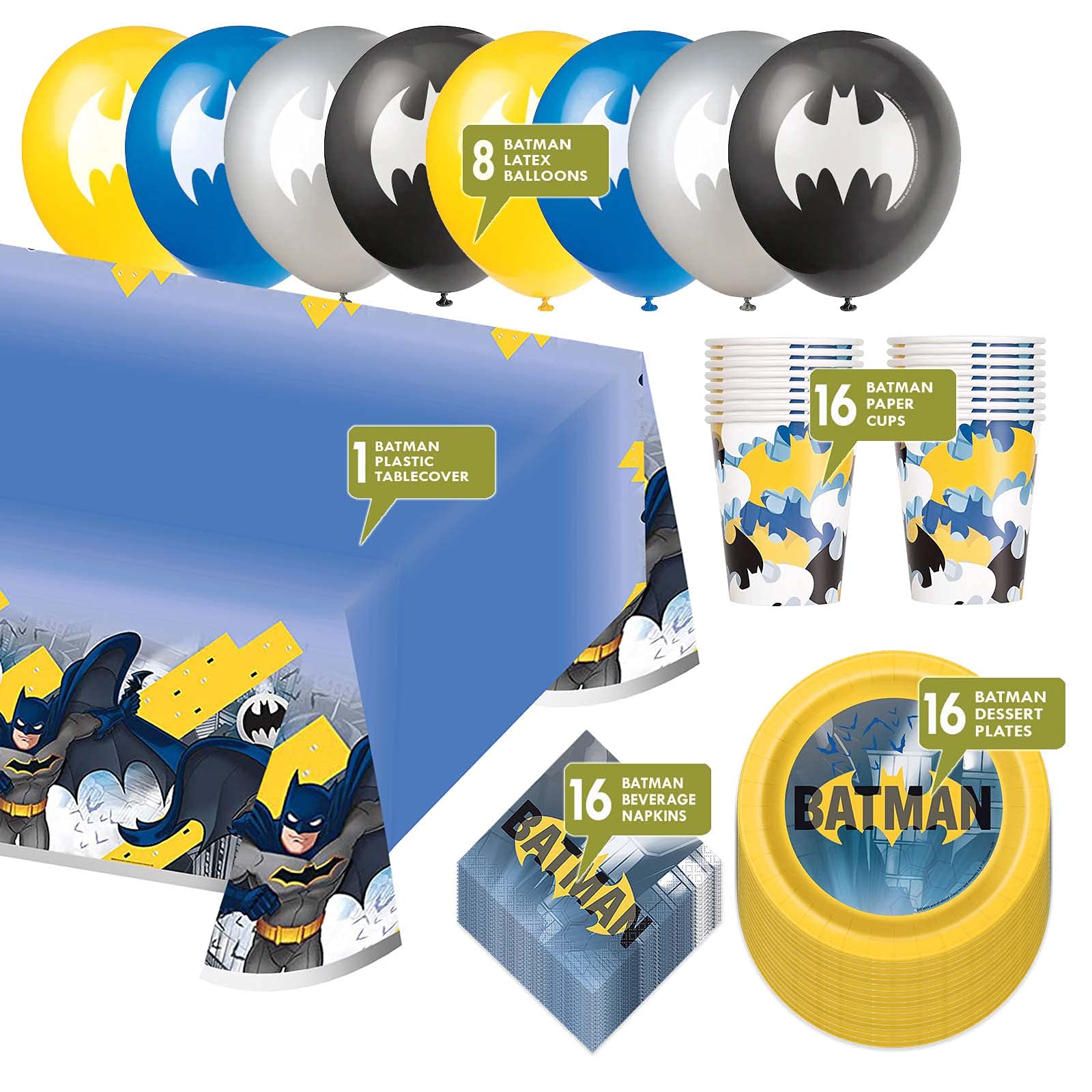 Batman Party Supplies Set - 16-Piece Superhero Themed Paper Plates, Napkins, Cups, Tablecloth & Balloons for Birthday Decorations | Perfect for Kids' Superhero Parties & Batman-Themed Events