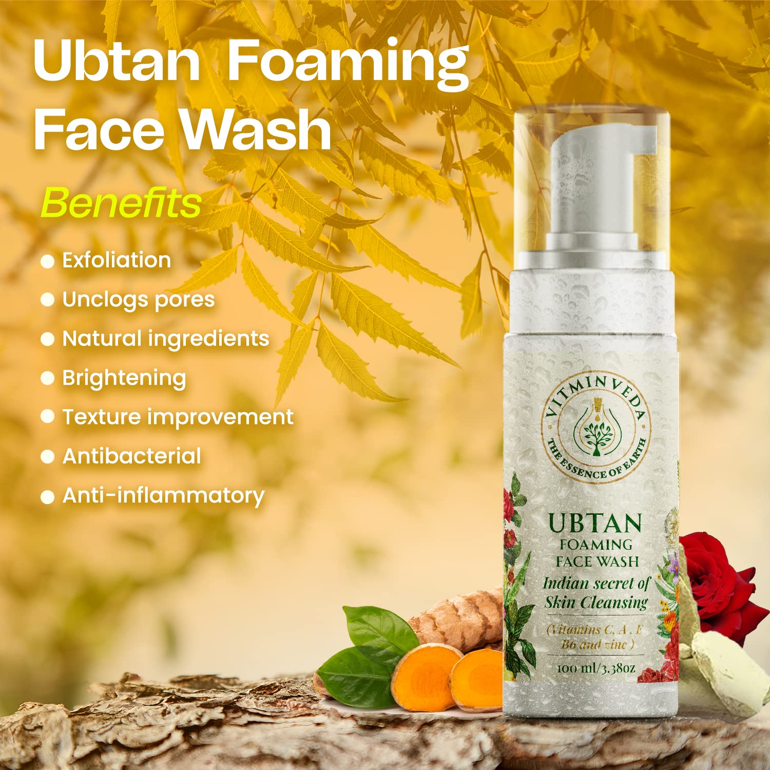 VITMINVEDA Natural UBTAN Foaming Face Wash with Niacinamide - 100ml Deep Cleansing for Brightening & Anti-Aging | Gentle Daily Facial Cleanser for Glowing Skin & Reducing Fine Lines | Perfect for Morning & Night Skincare Routine