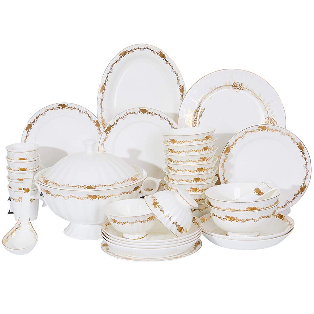 46-Piece Luxury Bone China Dinnerware Set - Bowls, Plates, Soup Pots & Spoons with Elegant Embossed Gold Rose Pattern - Perfect for Formal Dining, Wedding Gifts & Home Decor