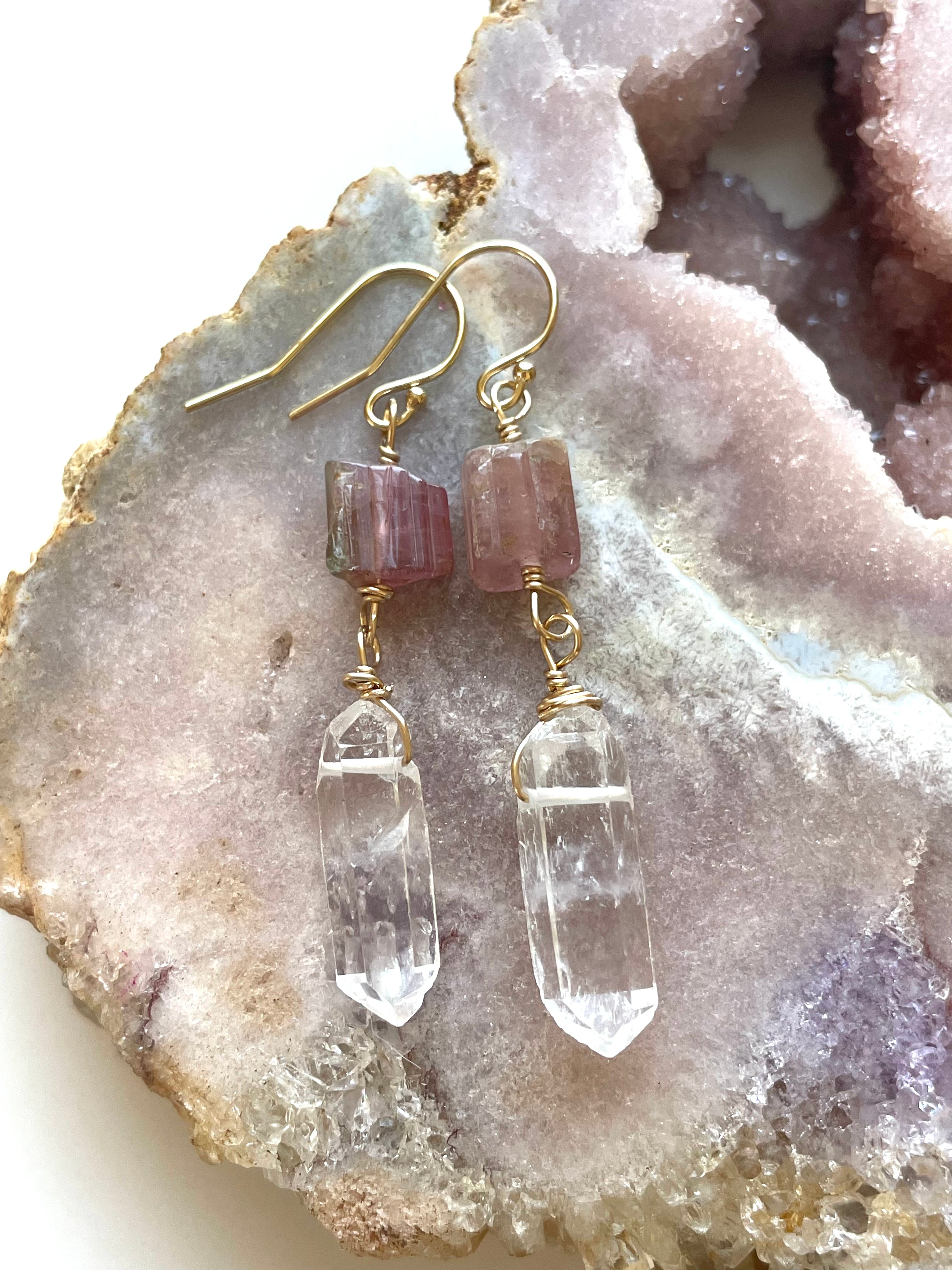 Pink Tourmaline & Clear Quartz Crystal Earrings in Gold Fill - Elegant Boho Jewelry for Women, Gift for Her, Wedding & Party Accessories