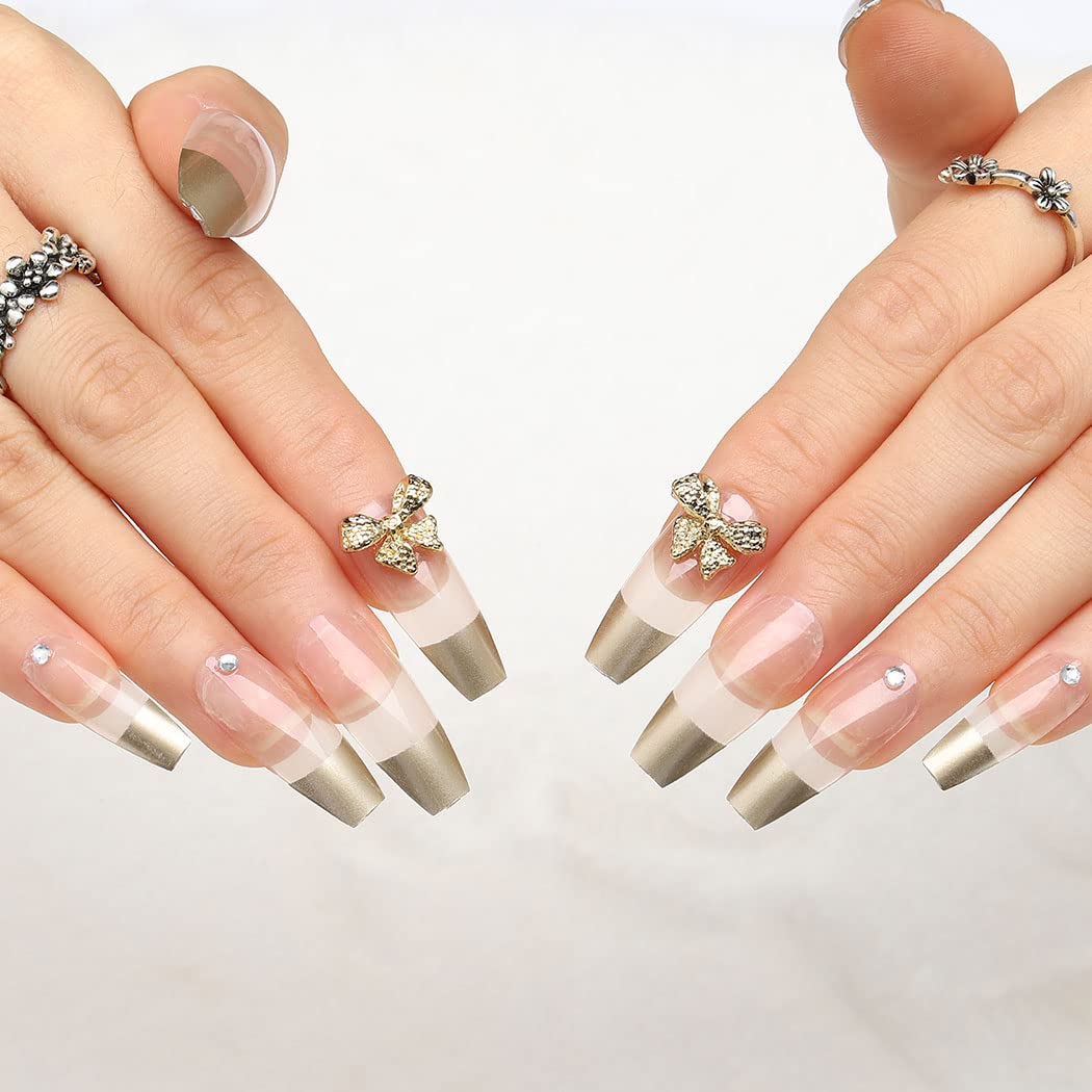 24pcs Luxury 3D Bowknot Acrylic Press-on Nails - Golden French Ballerina Coffin Fake Nails with Glossy Finish for Women & Girls | Perfect for Parties, Weddings & Special Occasions