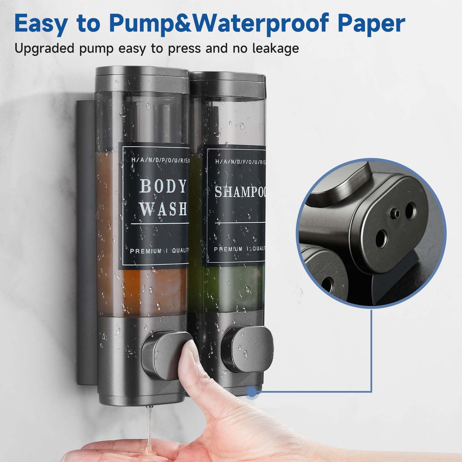 2-Chamber No Drill Wall-Mounted Shower Soap Dispenser - Shampoo & Conditioner Dispenser for Bathroom, Hotel - Large Capacity Dark Gray - Perfect for Spa-Like Showers & Clutter-Free Bathroom Organization