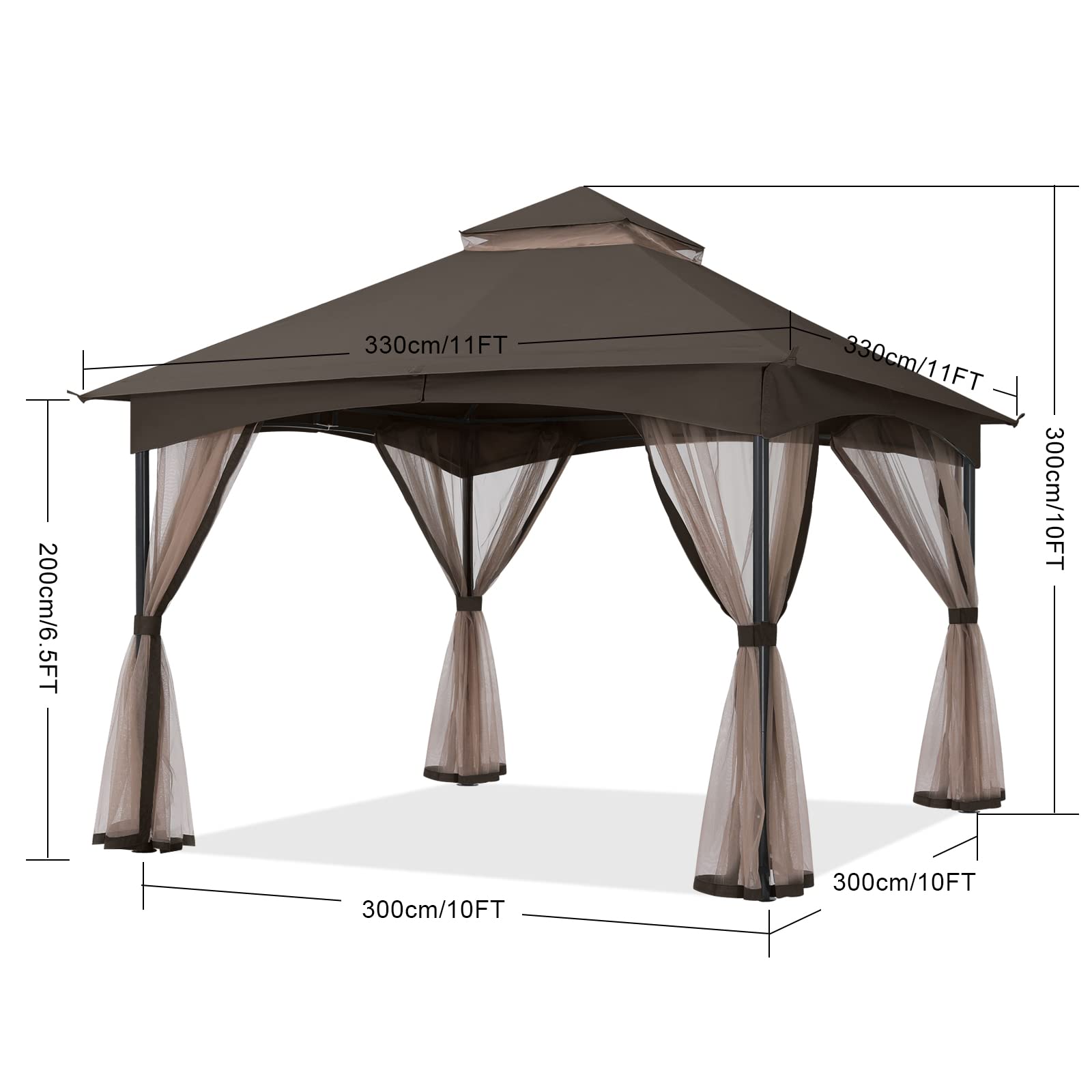 Tool-Free Patio Gazebo with Netting Walls - Easy Screw-Free Installation 11x11ft Dark Brown Outdoor Garden Canopy for Backyard, Deck, and Poolside Relaxation