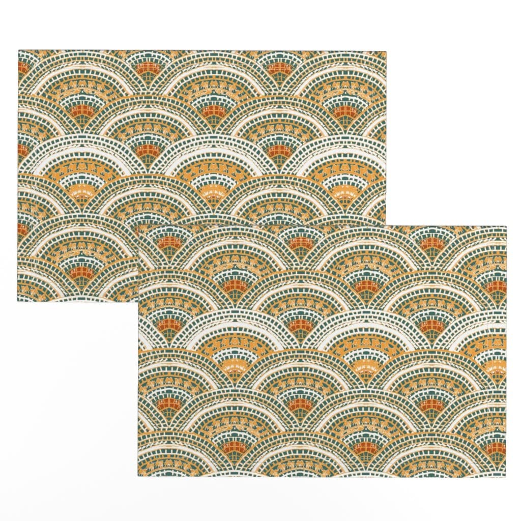 Premium Linen Cotton Canvas Placemats Set of 2 - Moroccan Scale Scallop Southwestern Print Table Mats for Dining Room Decor, Kitchen Table Setting & Holiday Entertaining