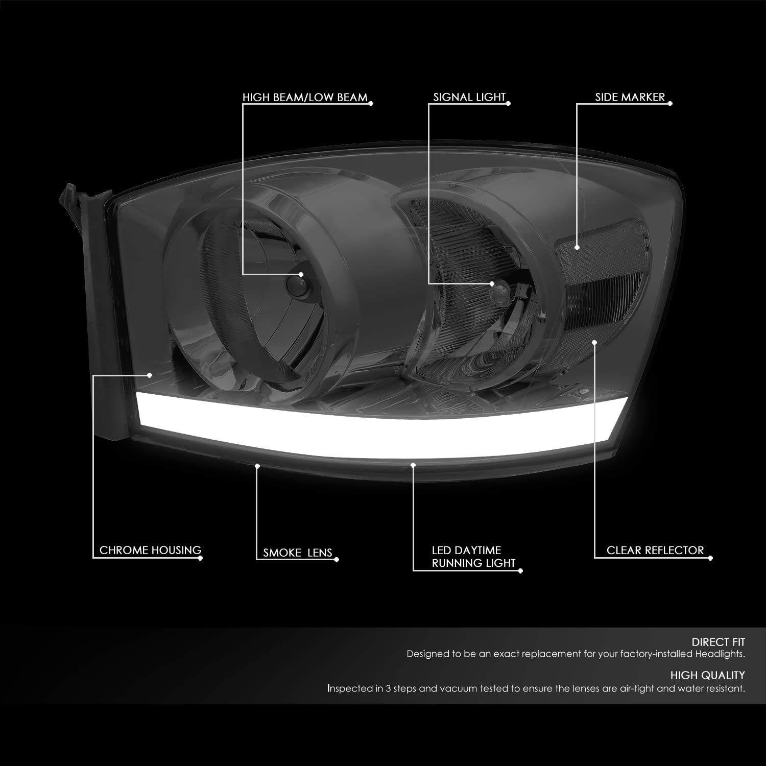 DNA MOTORING Smoked Clear Headlights for 06-09 Dodge Ram - LED Light Bar | Off-Road & Night Driving