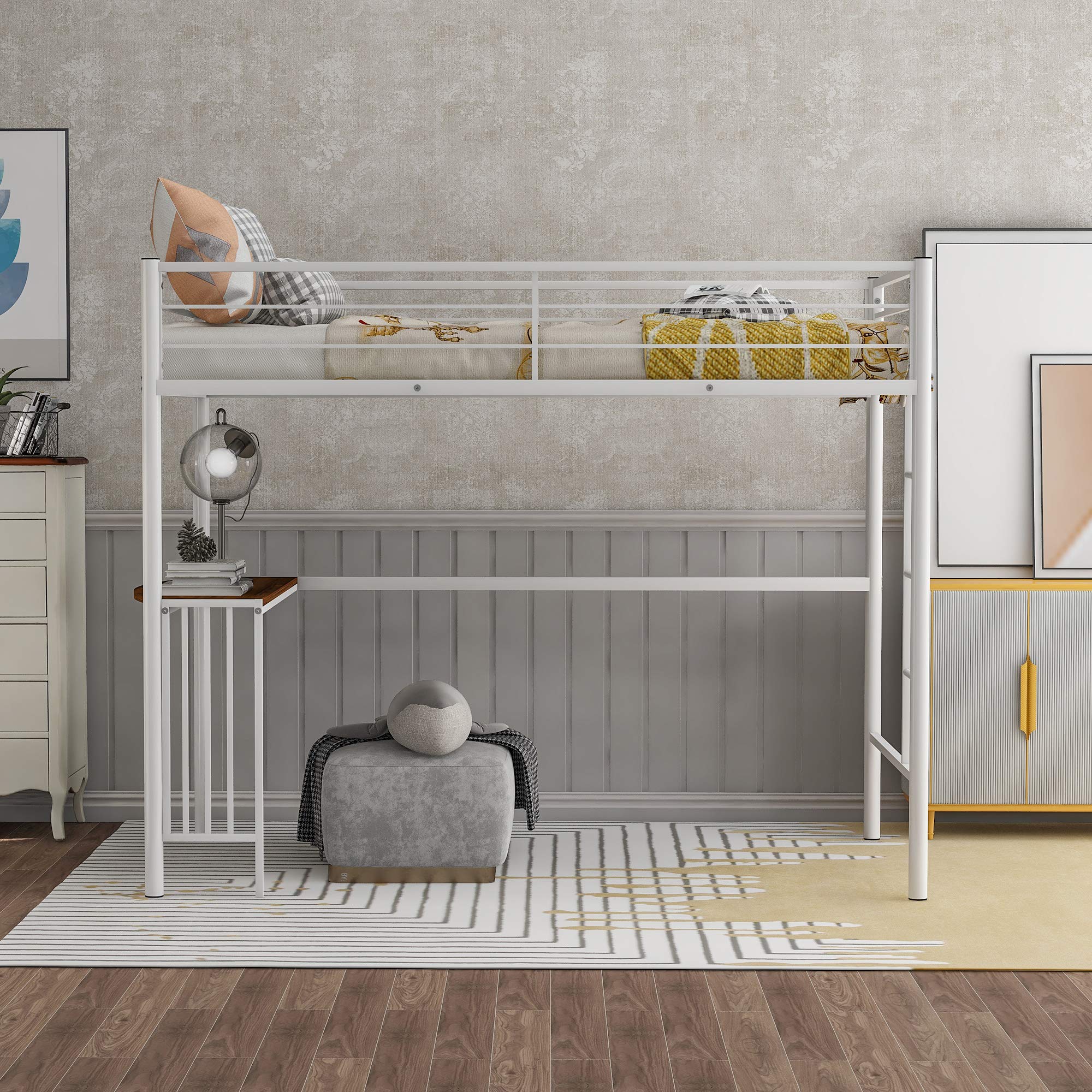 P PURLOVE Twin Size Metal High Loft Bed with Desk & Shelf - Sturdy Space-Saving Loft Bed for Kids & Teens - No Box Spring Needed - Perfect for Small Bedrooms, Dorms & Studio Apartments