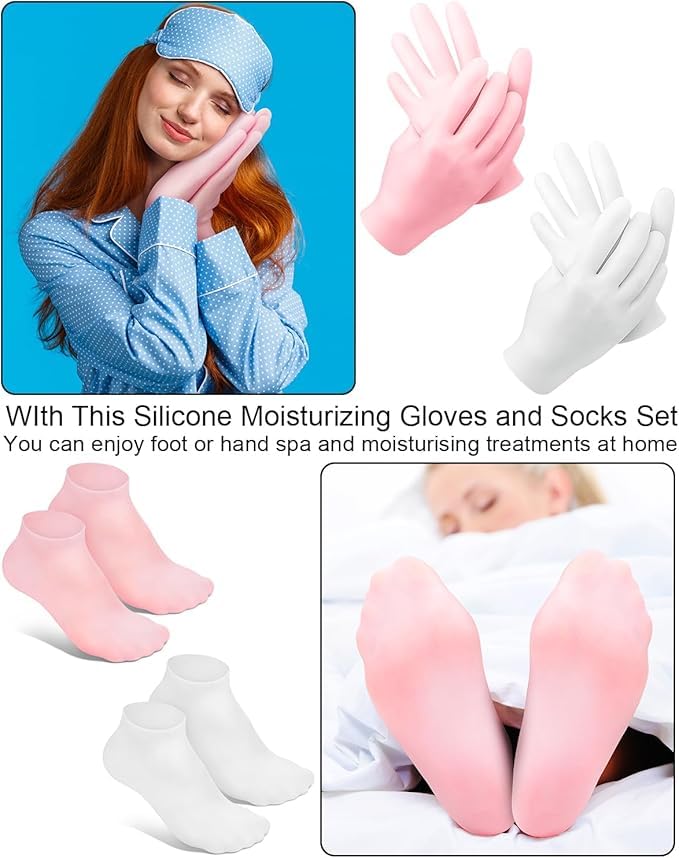 **Moisturizing Silicone Socks & Gloves Set (1 Pair Each) for Dry Cracked Hands & Feet – Intensive Hydration, Callus Treatment & Skin Repair – Softens Rough Skin – Perfect for Overnight Spa Care & Winter Hand Foot Care**